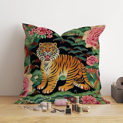 Miniatura 4 de Funda de almohada con estampado de tigre, color rosa, verde y turquesa, negro, ming, tigre, colorido, chinoiserie, funda de cojín asiática, 28 x 28