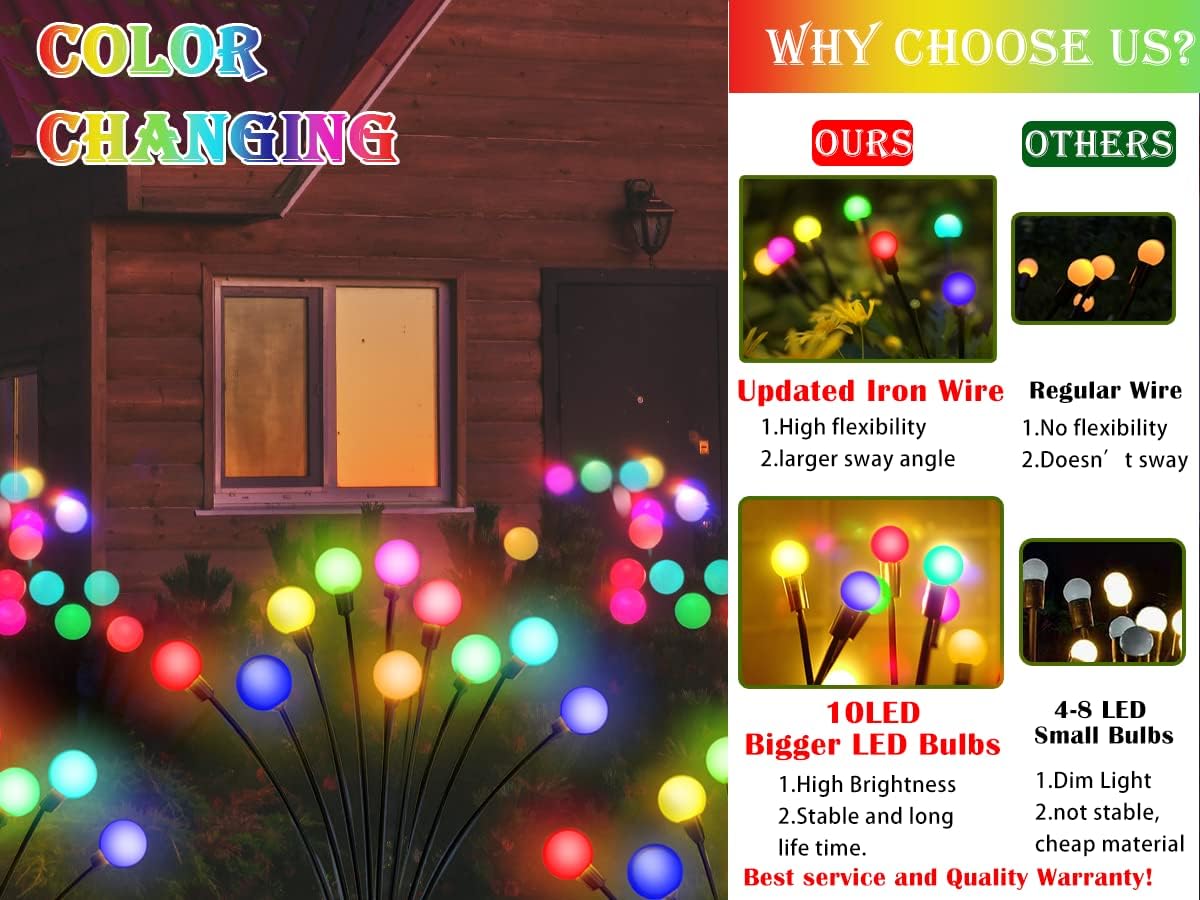 Solar Garden Lights - 4 Pack 10 LED Color Changing Solar Firefly Swaying Decorative Lights for Yard Patio Walkway Garden Pathway Decoration