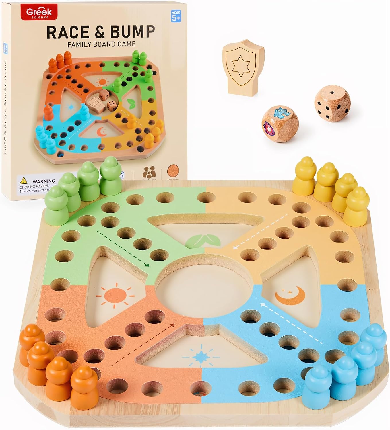 Wooden Race and Bump Board Game for Family & Kids 5+, 2-4 Players