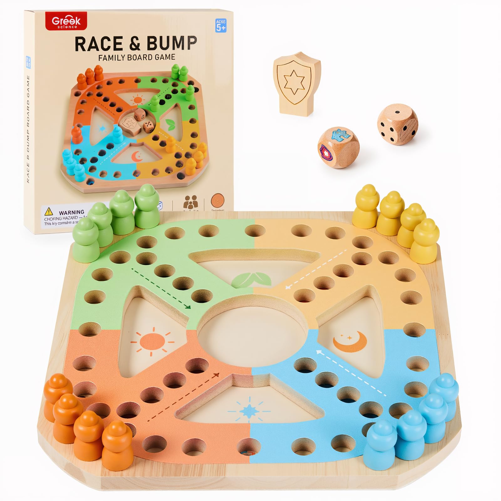 Wooden Race and Bump Family Board Game for Kids 5+, 2-4 Players