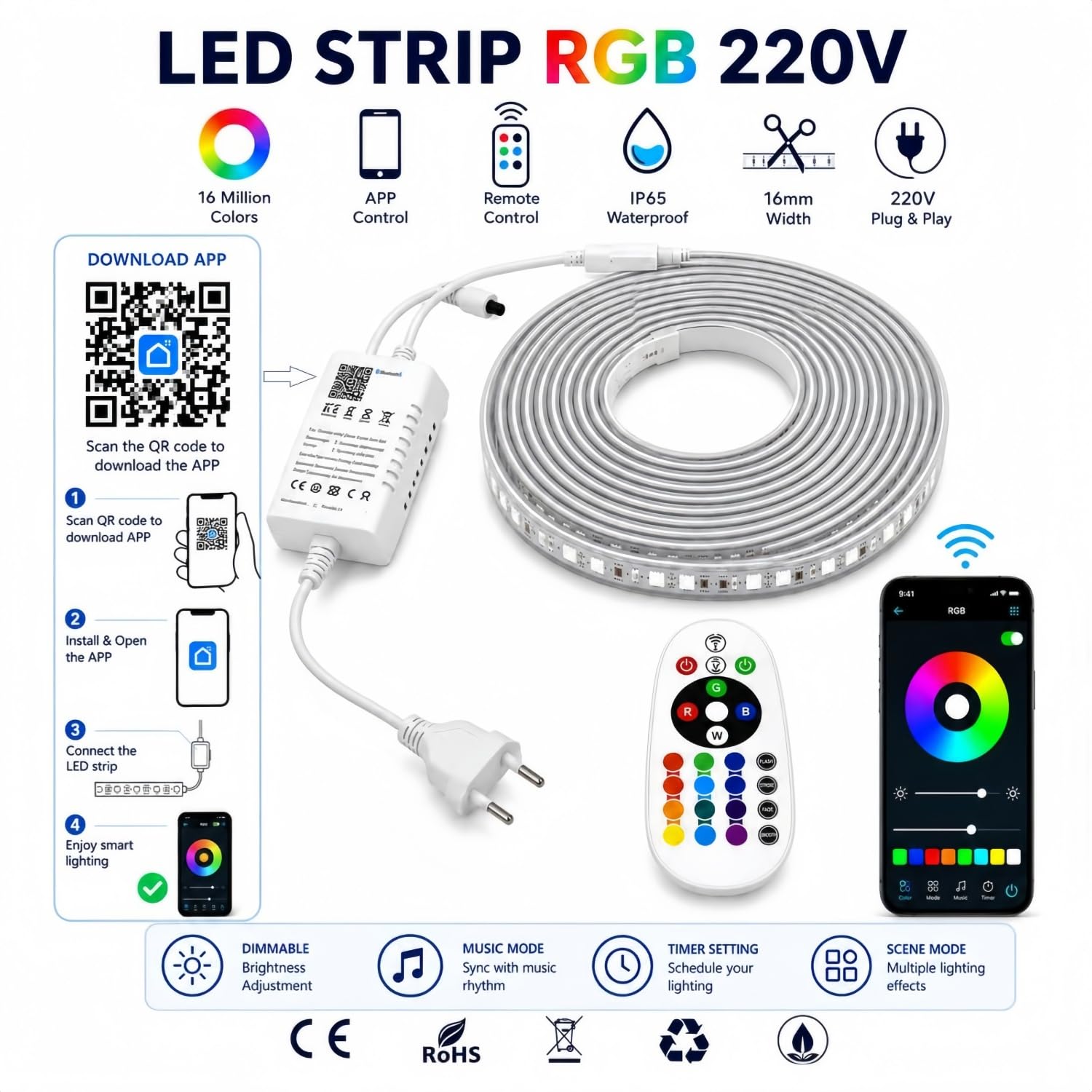 ONSSI Tiras LED 220V RGB Multicolor 15M, IP65, SMD5050, 60 LED/m, con Controlador Bluetooth, Control por APP y Mando a Distancia