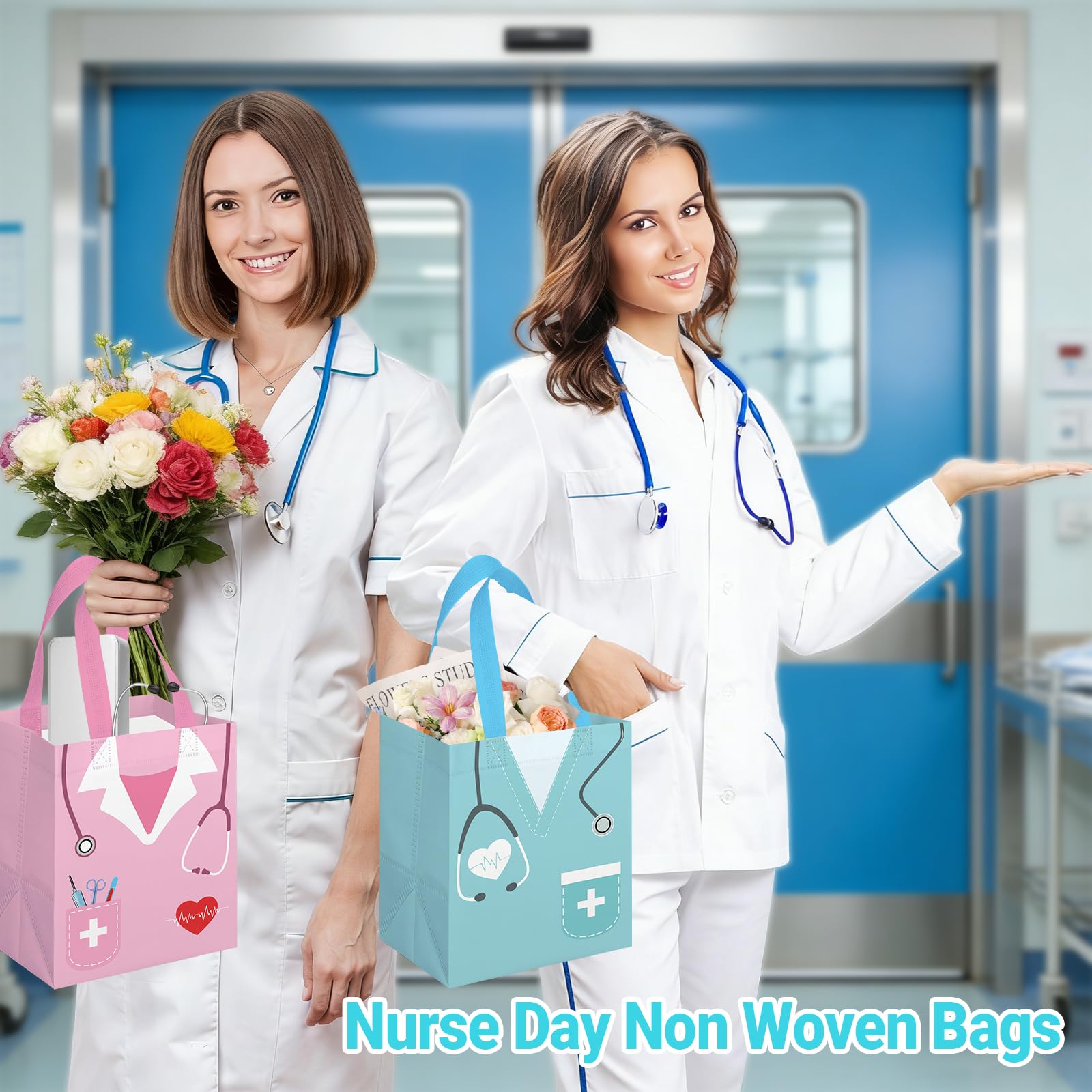 KOPOOEOE 24 Pcs Nurse Week Gifts Bags Bulk Nurse Appreciation Gift Bag with Handles Reusable Thank You Treat Bag for Rn Cna Crna Non Woven Treat Tote Bags for Medical Assistant Party Favor