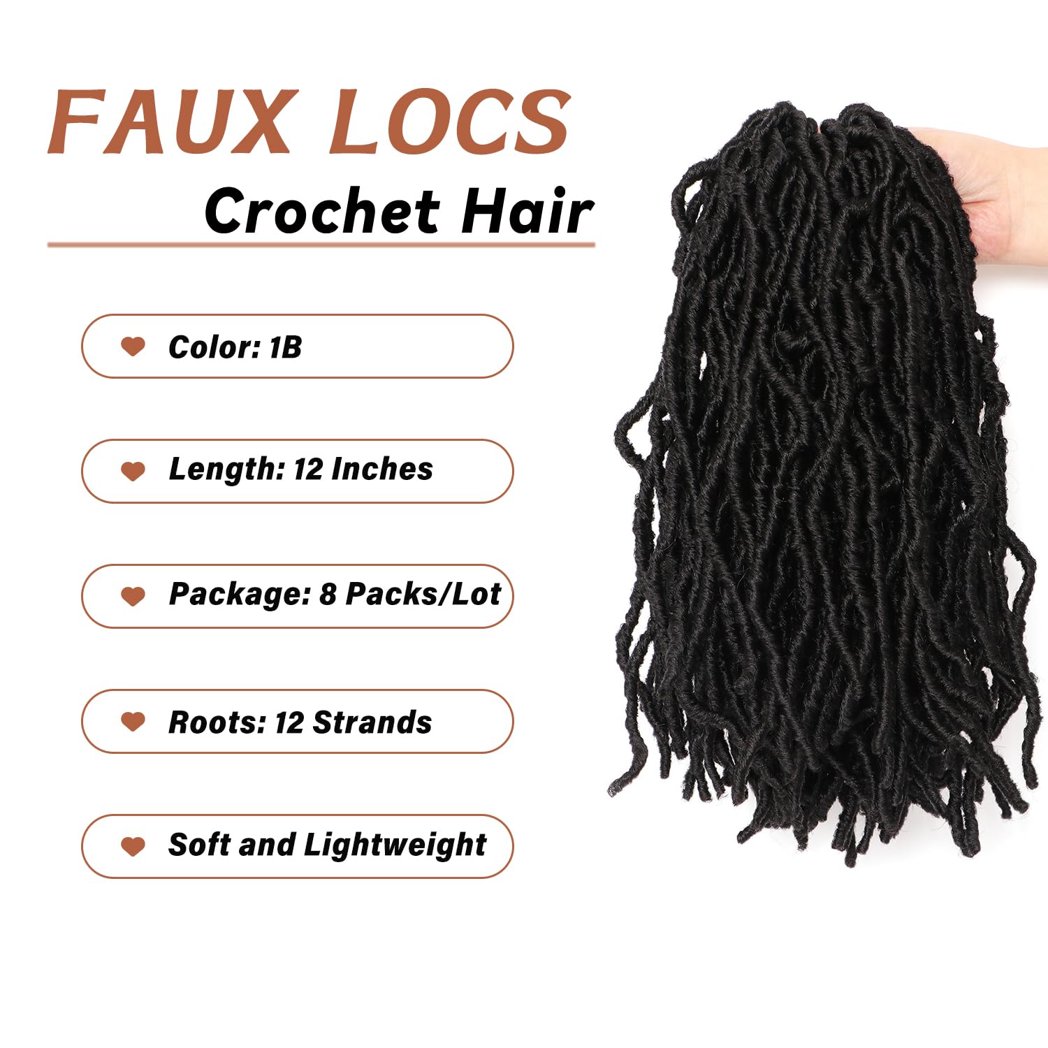 8 Packs Faux Locs Crochet Hair Extensions for Black Women Soft Locs Crochet Braids Hair Extensions (#1B, 12Inch (Pack of 8)) - Image 3