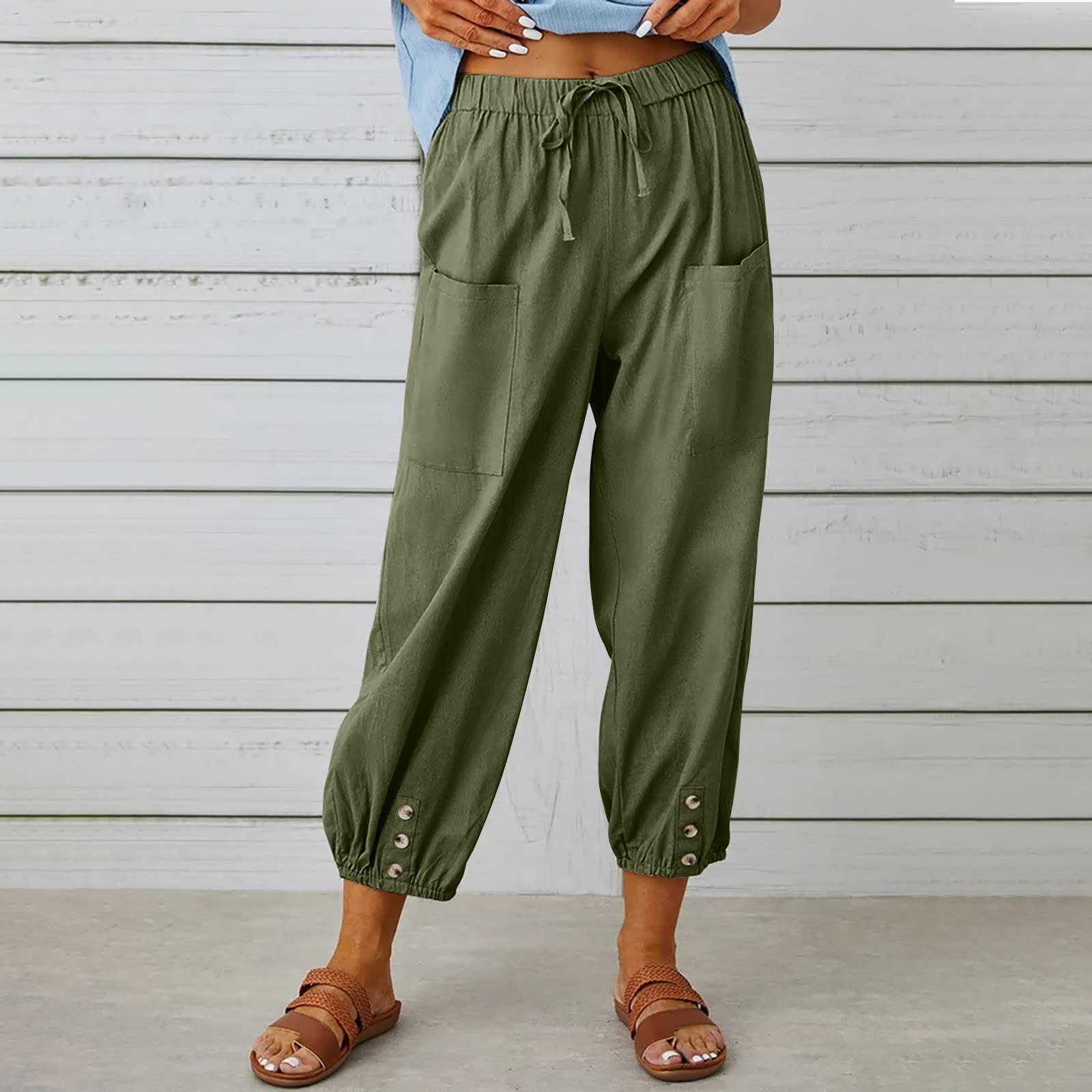 XUNRYAN Capris for Women Casual Summer 2023 Capri Leggings Lightweight High Waist Linen Cargo Pants Pockets Cropped Trousers