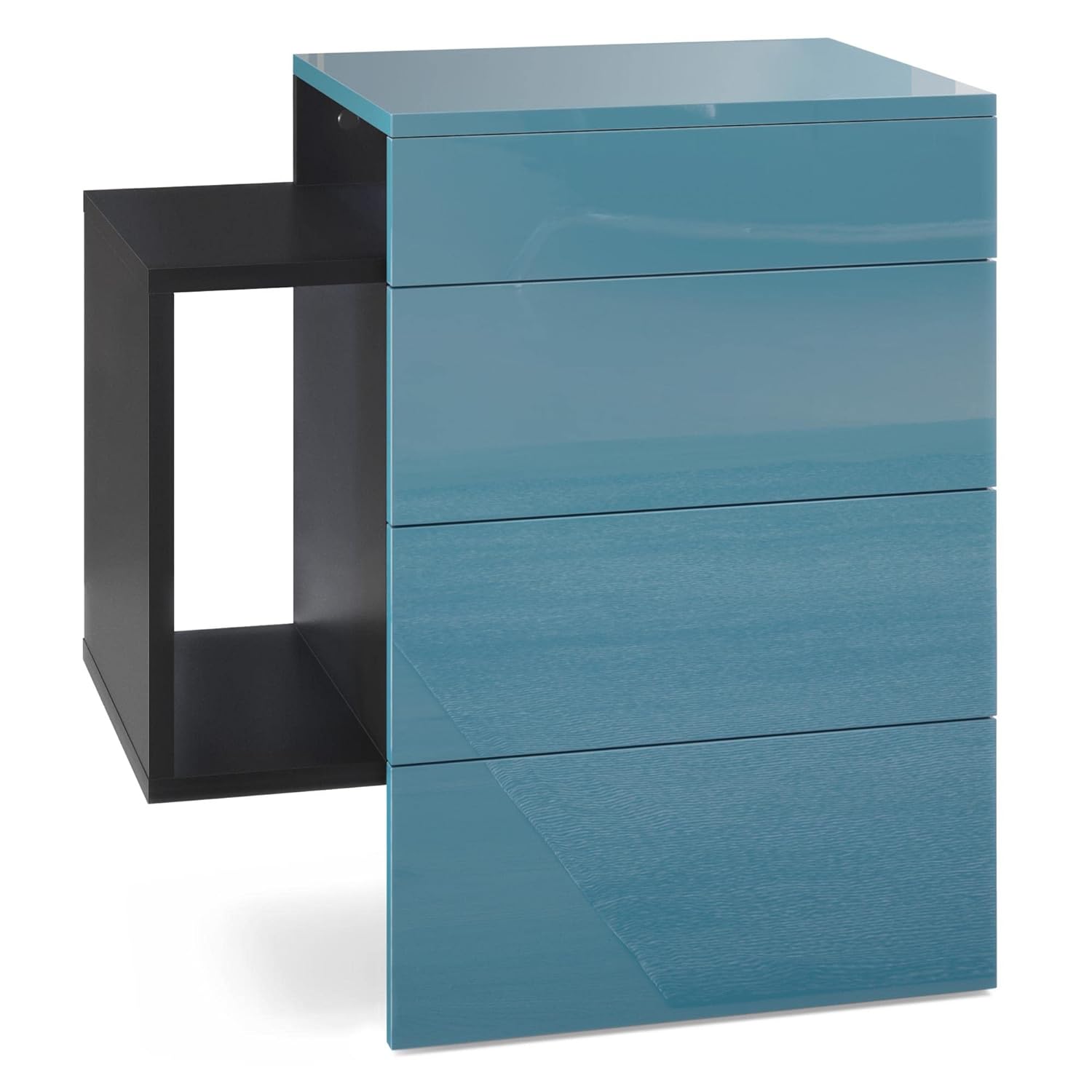 Vladon Nachttisch Queens, Nachttischschrank mit 2 Schubladen und 1 seitlichem Fach zur Wandmontage, Schwarz matt/Petrol Hochglanz (60 x 63 x 36 cm)