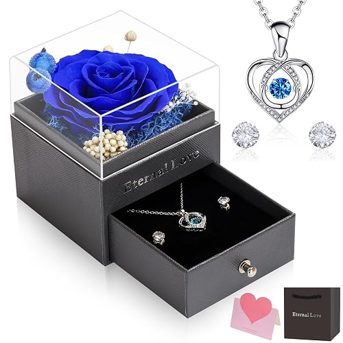 CSYY Ewige Rose, Weihnachten Frauen Geschenke Rose Schlagendem Herz Halskette Ohrringe Handgefertigte Konservierte Rosen Schmuck Geschenkbox Geschenk für Mama Schwester Ehefrau Blau