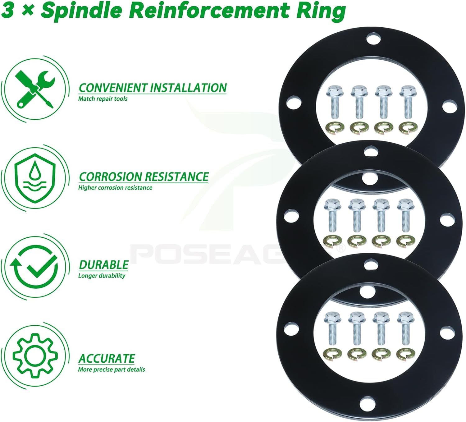 3 Pack Upgraded High-Strength Deck Spindle Reinforcement Rings with Mouting Bolts and L Shaped Angled Hex Socket Wrench for John Deere All Series Lawn Tractors and Lawn Mowers