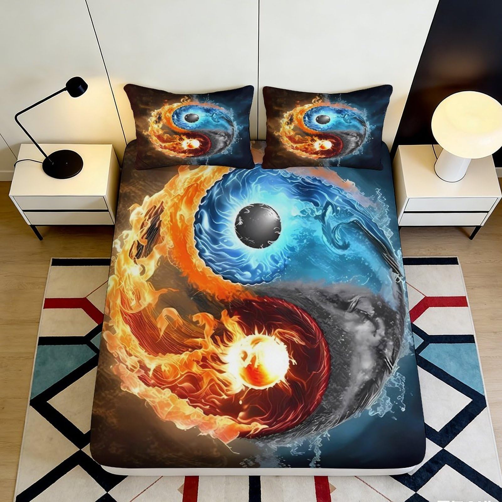 3D Printed Fire Water Yin Yang Fitted Sheet Microfiber Soft Mattress Cover for Bedroom Dorm Decor Protection 90x200x25cm