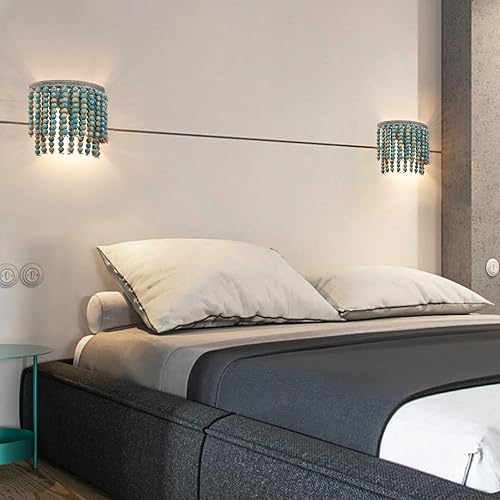 Miniatura 7 de Apliques de pared con cuentas de madera bohemia, lámpara de pared rústica antigua de granja, accesorio de iluminación gris con acabado Blu para