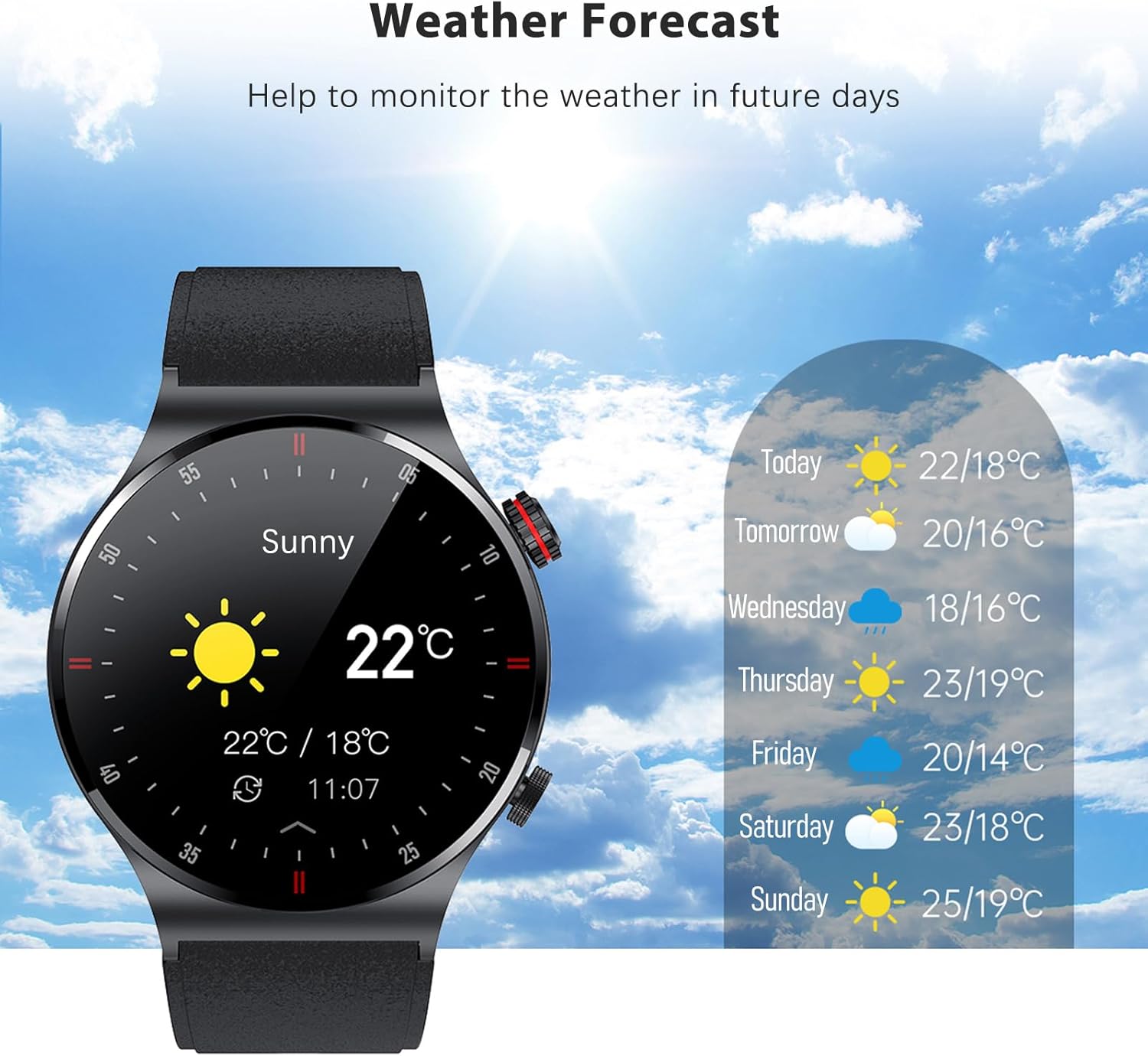 Eacam QW33 watch displaying a weather forecast with temperature and sunny icon, alongside a weekly forecast.