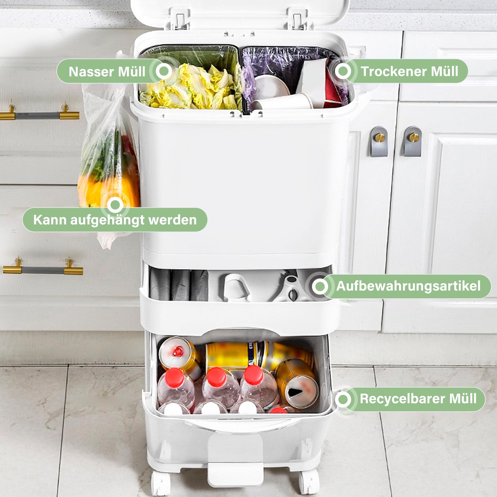 Genérico Cubo de basura de cocina de 42 L con 3 compartimentos, cubo de reciclaje grande de pp, sistemas de separación de residuos, cubo de basura con pedal, tapa con ruedas y asa para cocina
