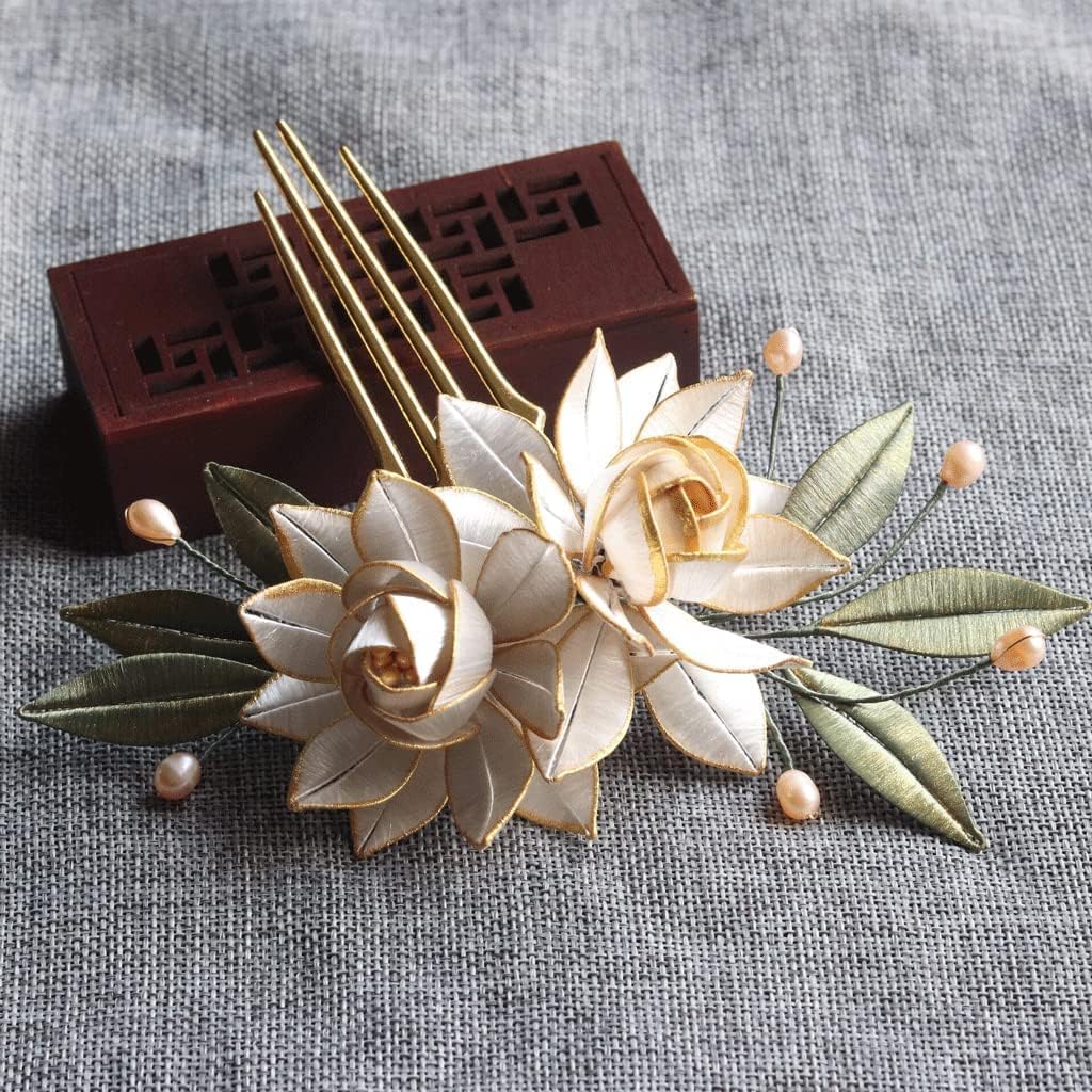 Hair jewelry, Hair Comb Wedding Bridal Hair Accessories Hair Side Comb Chinese Wind-Drawn Golden Gardenia Hair Clip Comb Vintage Pearl Handmade Hair Accessories Hair Side Combs