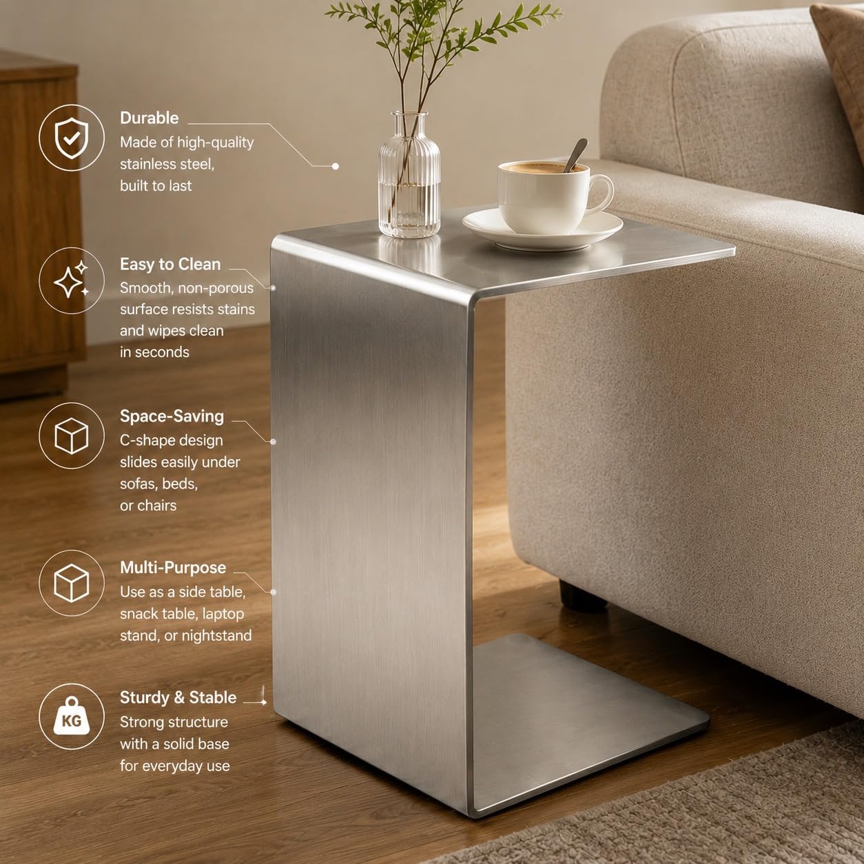 Stainless Steel C-Shaped End Table, Silver Sofa Bedside | one-piece bent form, brushed finish, pre-assembled, end table