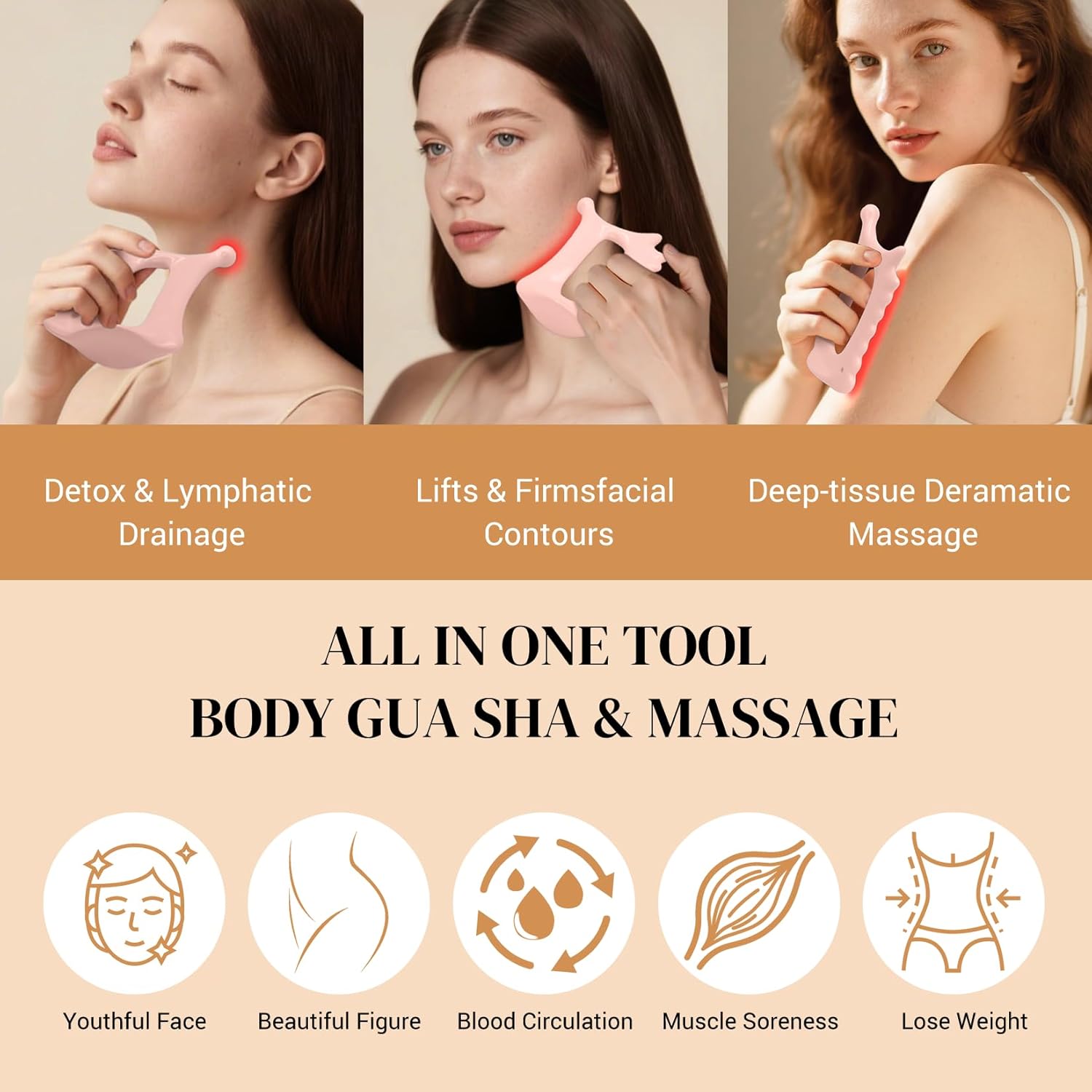 Upgraded 6-in-1 Ceramic Body Massage Tool,Korean Manual Guasha Facial Massage for Face Lift, Muscle Relief Scraping Tool, Skin Care Gift Gift for Friend, Wife,Pink