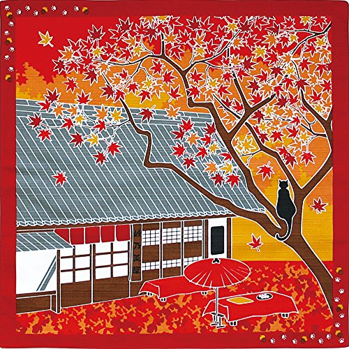 Paño japonés Furoshiki para envolver, de pequeño tamaño. Gato viajero: Hojas de otoño Momiji de Noviembre.
