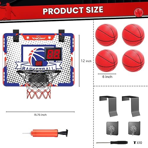 Miniatura 5 de EagleStone Aro de baloncesto para interiores para niños, 4 bolas de juguete de baloncesto para niños pequeños, con marcador electrónico sobre la