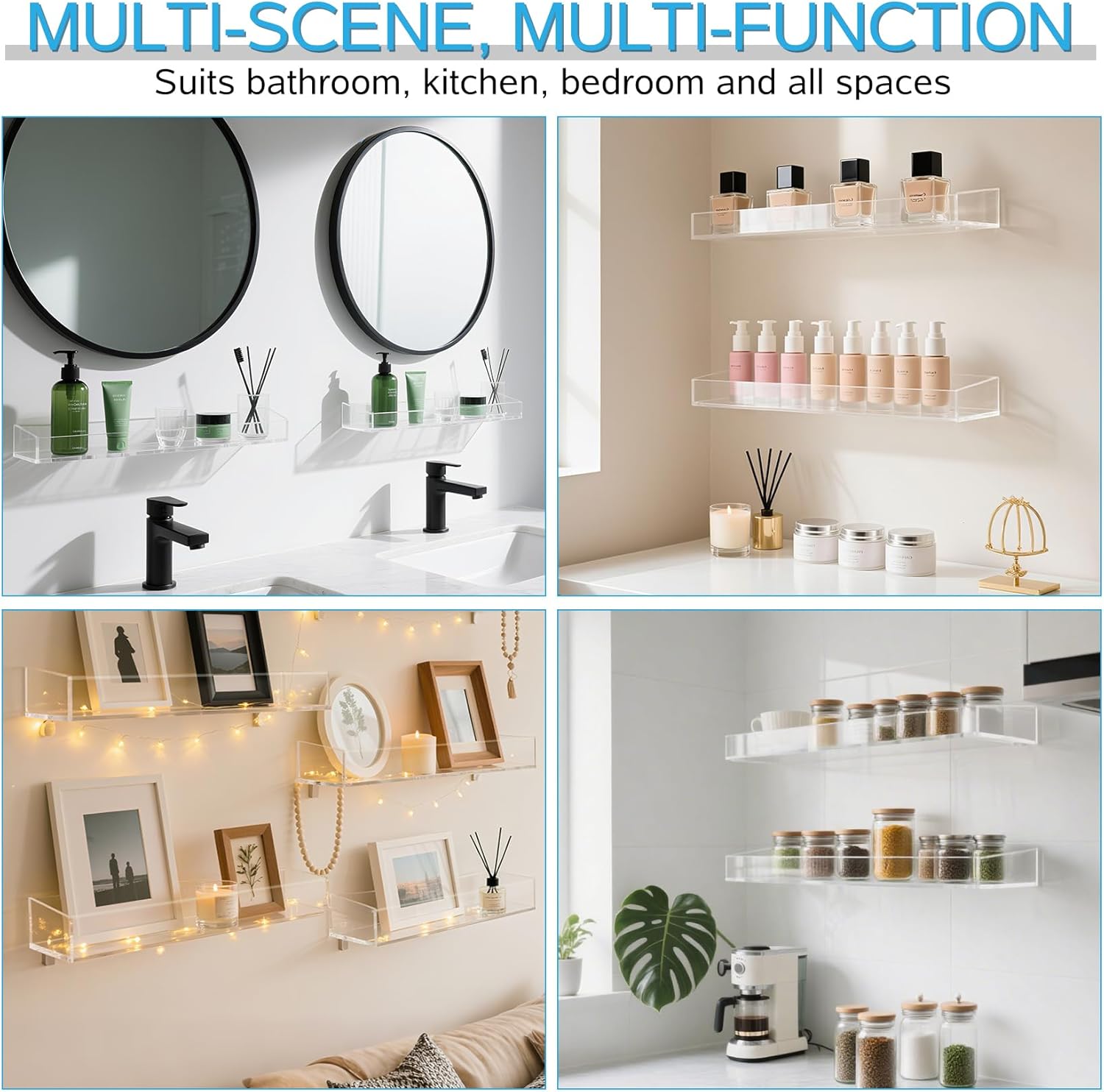 Acrylic Bathroom Shelves Set of 2,15" Thick Wall Mounted Floating Shelves -Transparent Shower Organizer Storage and Display Shelving Clear Adhesive Wall Rack for Bedroom,Kitchen,Ofiice,Living Room