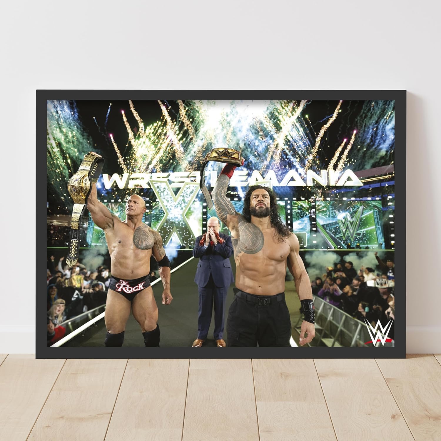 Themed Black Wwe Print - The Rock And Roman Reigns Wrestlemania Win Poster Wrestling Wall Art (21Cm X 29.7Cm - A4)