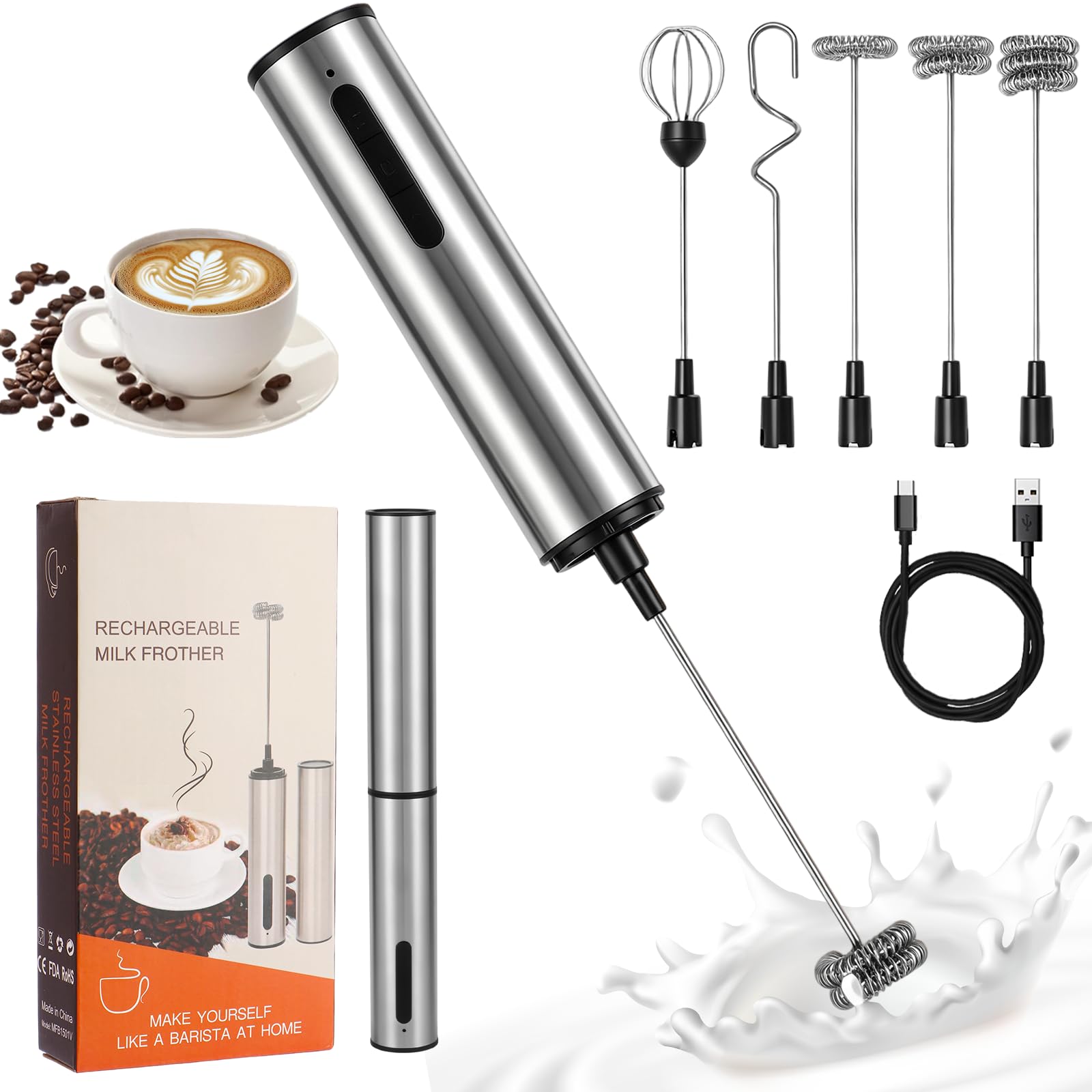 Espumador de leche recargable USB-C de acero inoxidable | 3 velocidades, 5 cabezales intercambiables, ideal para café, capuchino, matcha, nata y huevos