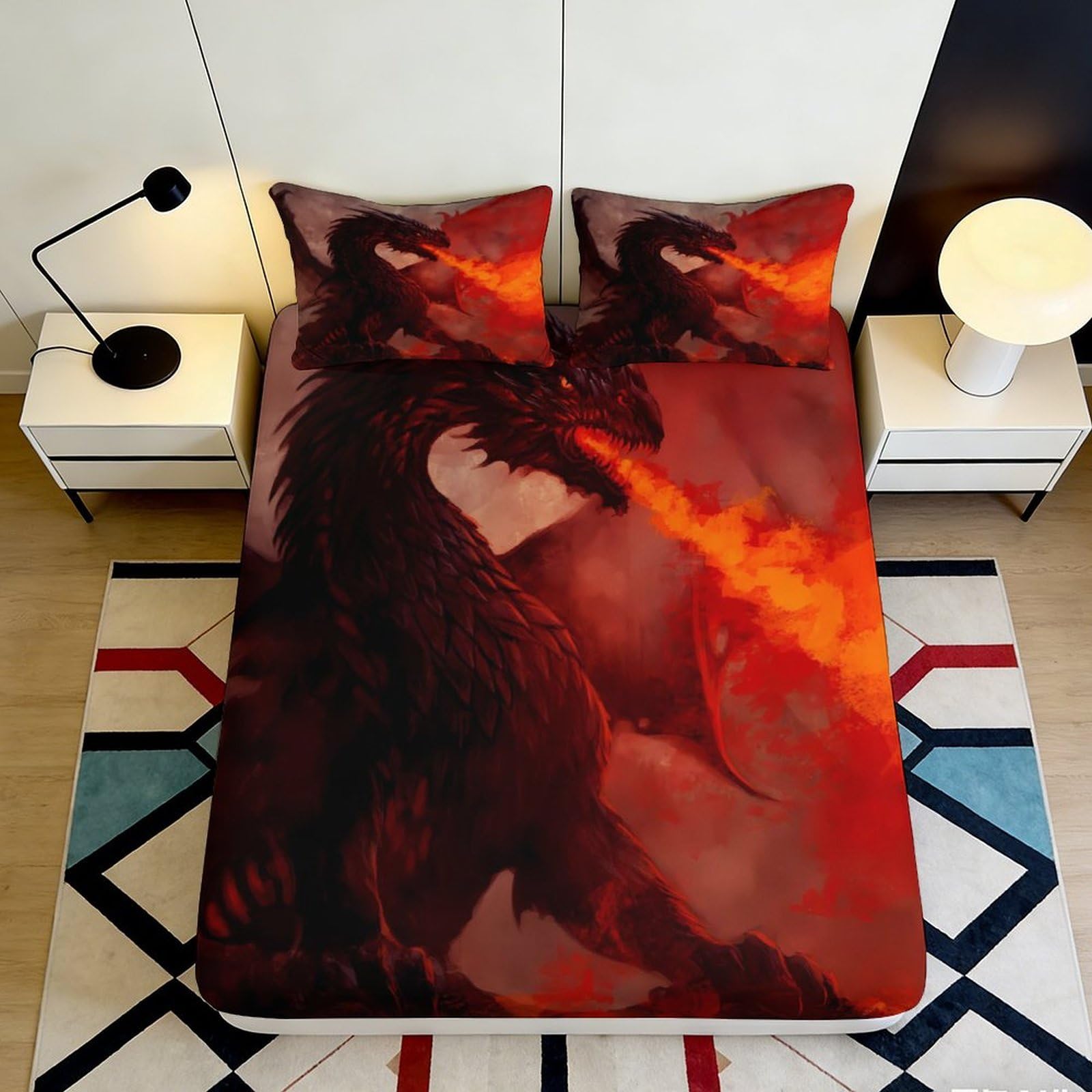 3D Printed Fire Dragon Fitted Sheet Microfiber Anti-Slip Red Black Dragon Mattress Cover Bedroom Dorm Decor 120x200x25cm