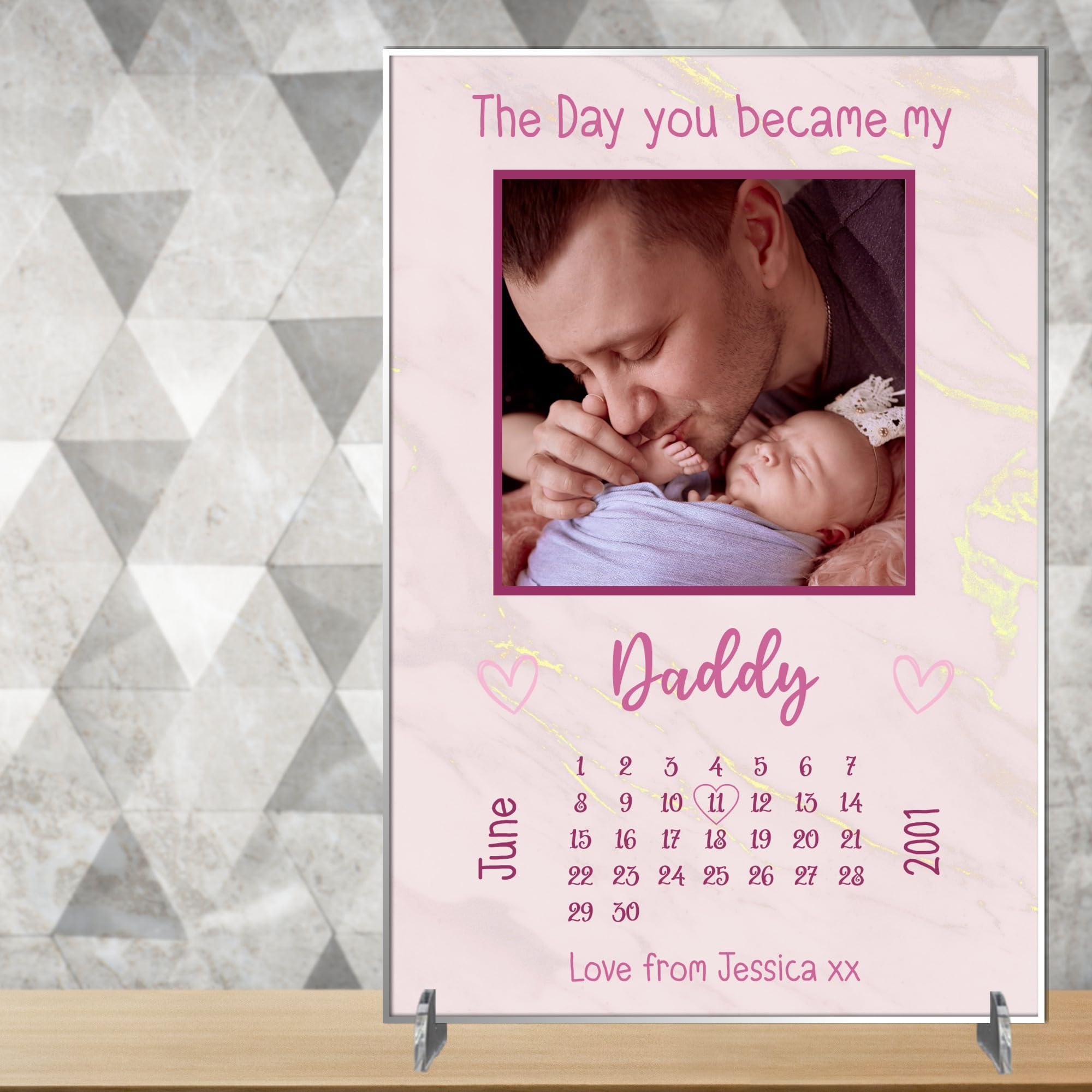 Personalised Family Plaque for Dads with Own Photo - The Day You Became My Daddy Design with Calendar & Hearts for Fatherβs Day & Birthdays (Pink, Acrylic - A5-21cm x 15cm)