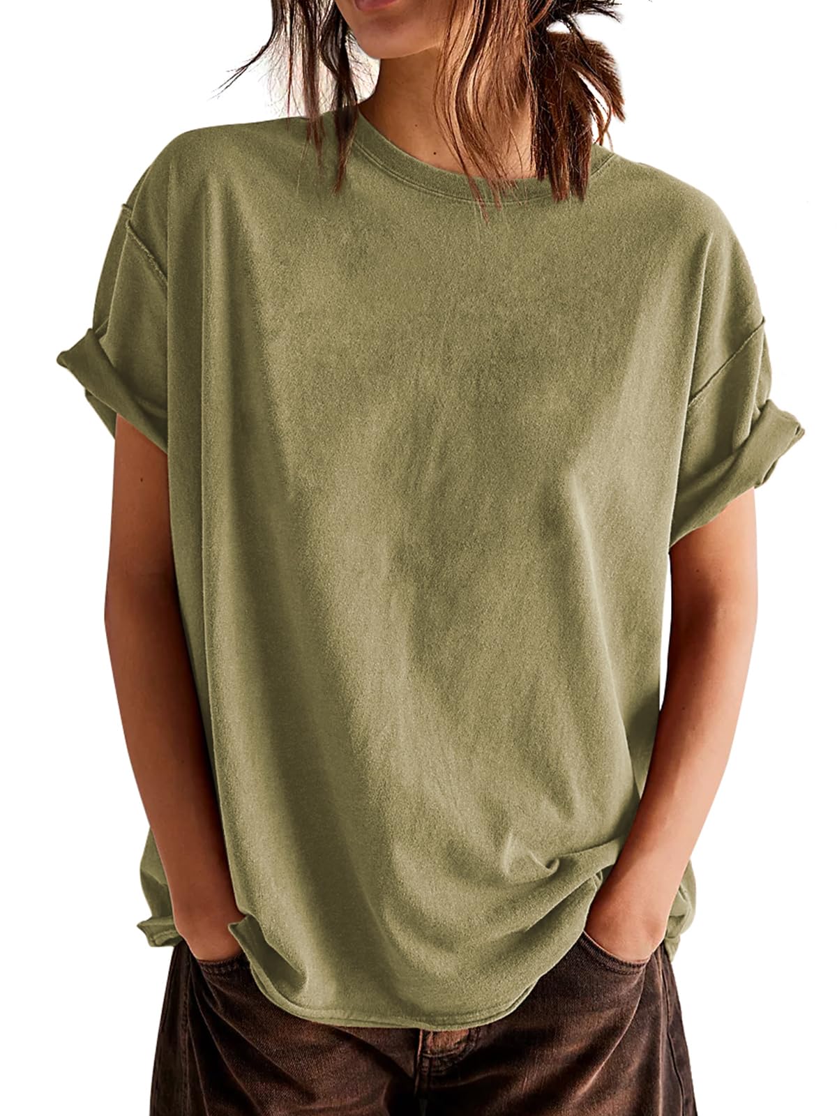 ELGOGYWomens Long Sleeve Tops Crewneck Round Hem Oversize T-Shirts Casual Loose Tunic Blouse Tees with Thumb Holes