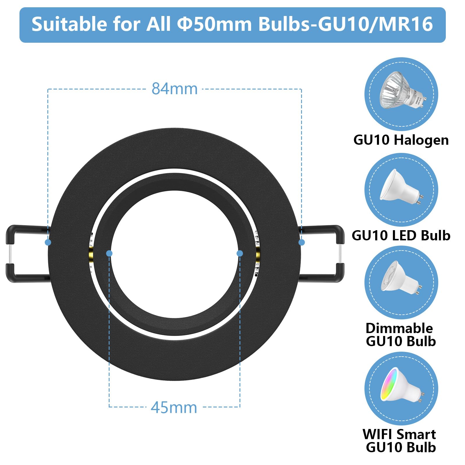 Marco Foco Empotrable GU10 Aluminio Negro Orientable Downlight LED Empotrable Ojo de Buey de techo con Portalámparas GU10 68mm Para Lámparas De Led O Halógena, Redondo 60-75mm 230V 12 Pack