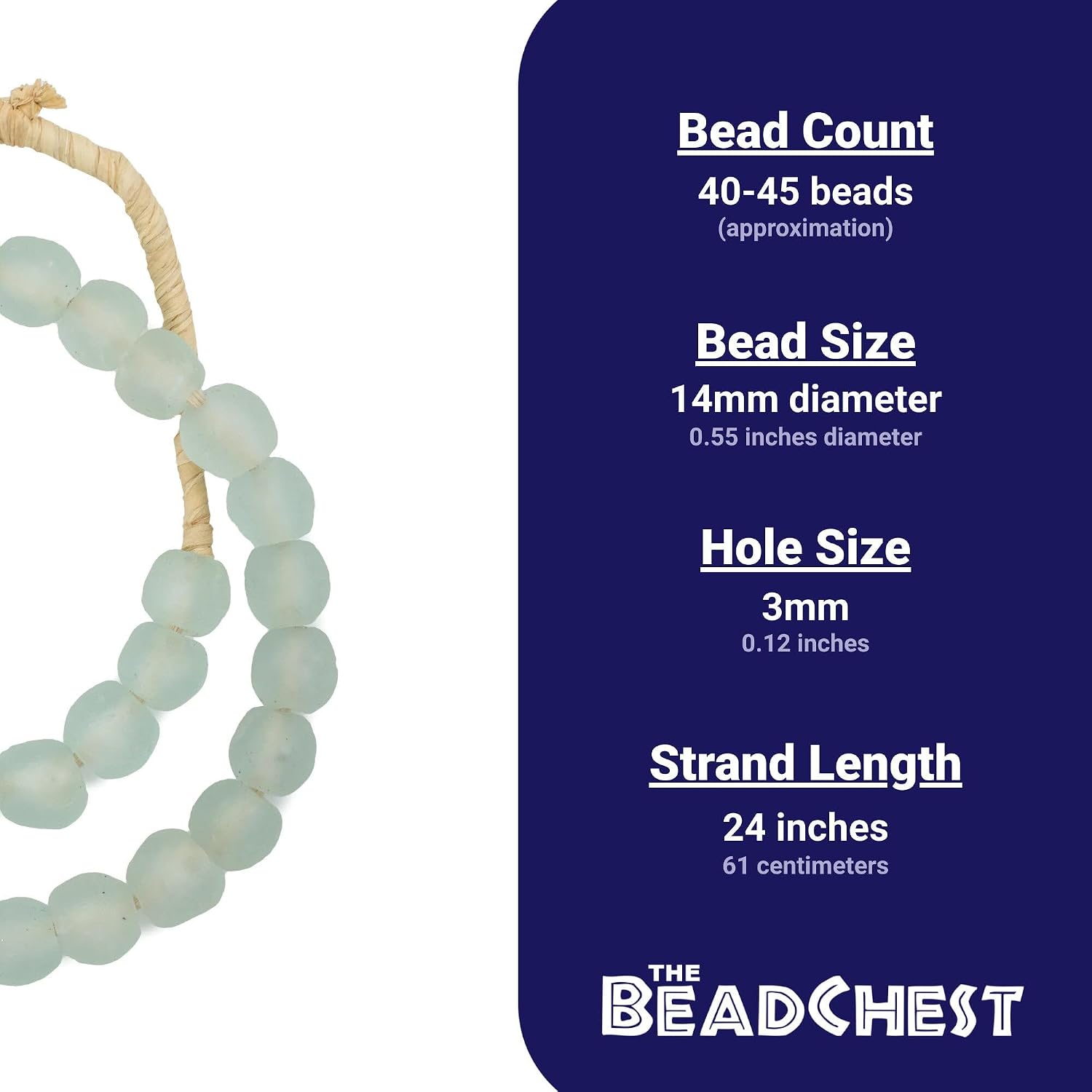 The Bead Chest African Recycled Glass Beads – Handmade in Ghana – Clear Aqua 14mm Strand for Jewelry Making, Crafts, and Home Decor I Approximately 40-45 Beads