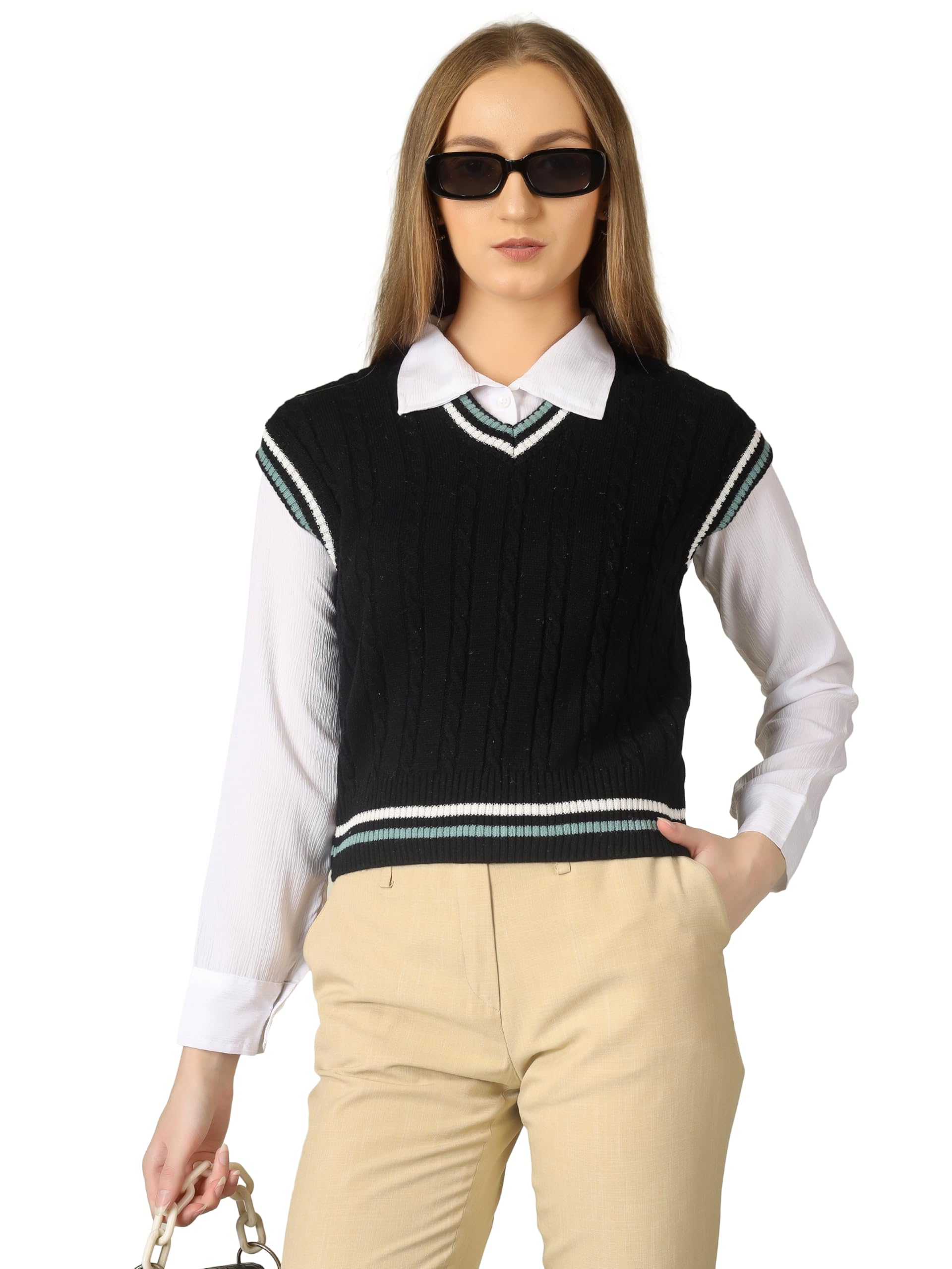 Women’s Knitted V-Neck Sweater Vest – Sleeveless Pullover with Striped Hem
