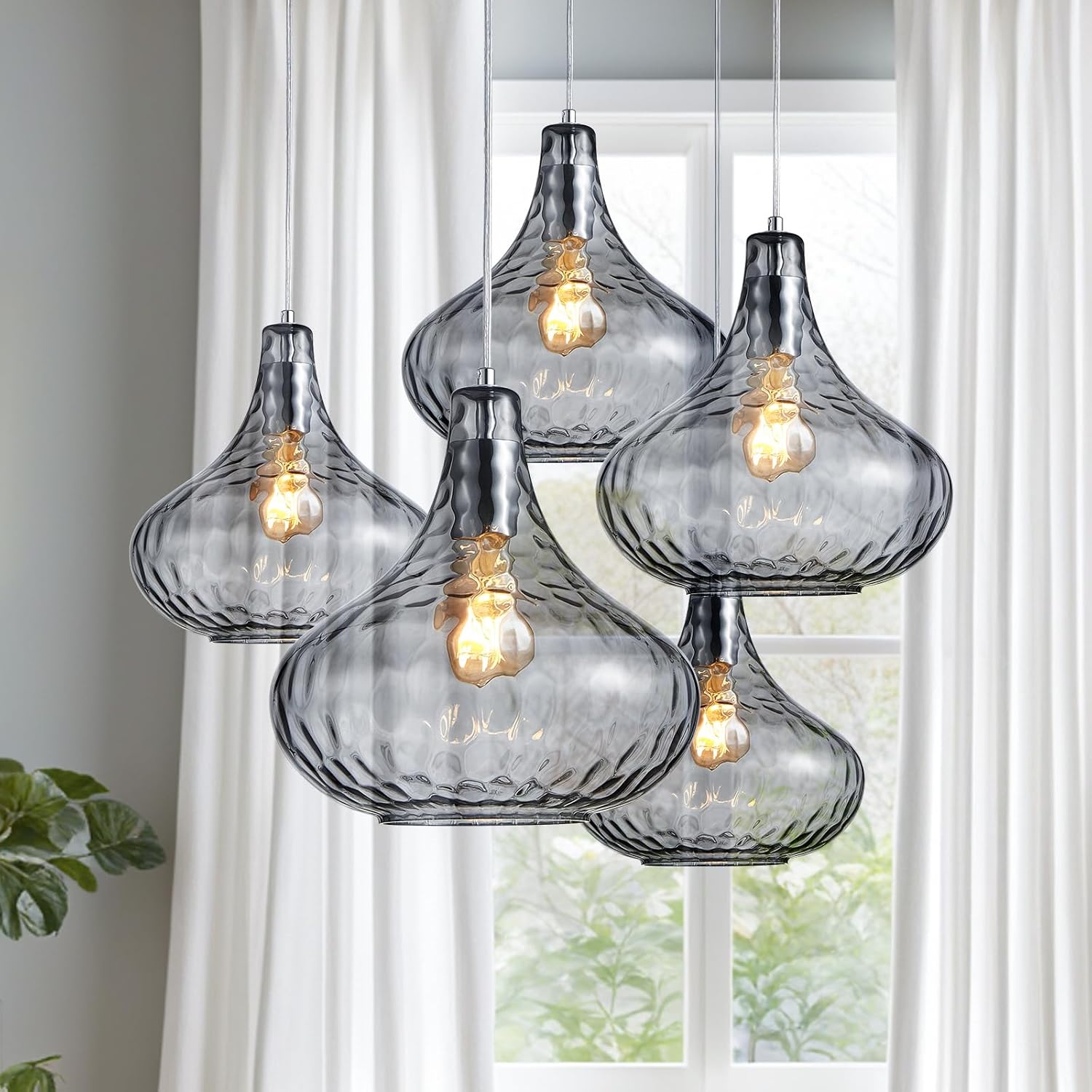 Hammered Glass Pendant Light - 11" Vintage Industrial Farmhouse Fixture for Kitchen Island, Dining Room & Entryway, Smoke Gray Ceiling Hanging Light with Chrome Finish,Easy Install Modern Chandelier