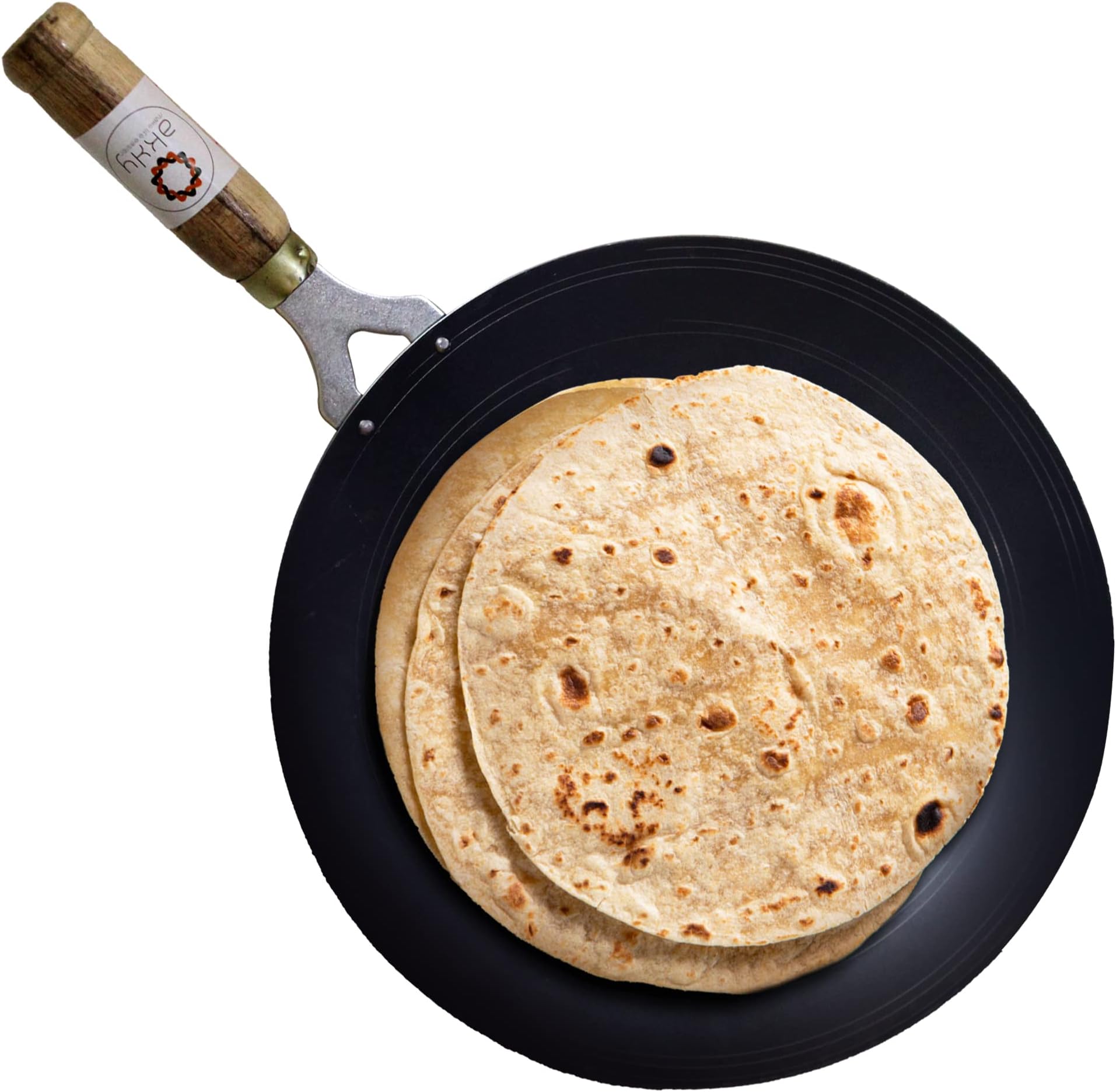 Akky Pre Seasoned Natural Cookware Concave Iron Tawa with Wooden Handle for Paratha/Roti/Chapati (Big Size) - (Product Thickness: 1.88 mm, Dimension: 28cm)
