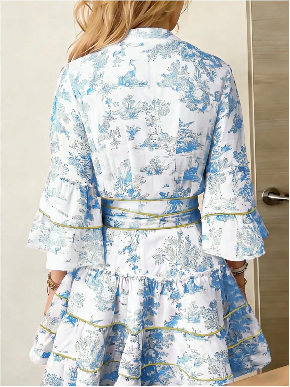 SOLY HUX Women's Floral Ruffle Mini Dress V Neck 3/4 Sleeve Flowy Boho Vacation Dresses - Image 3