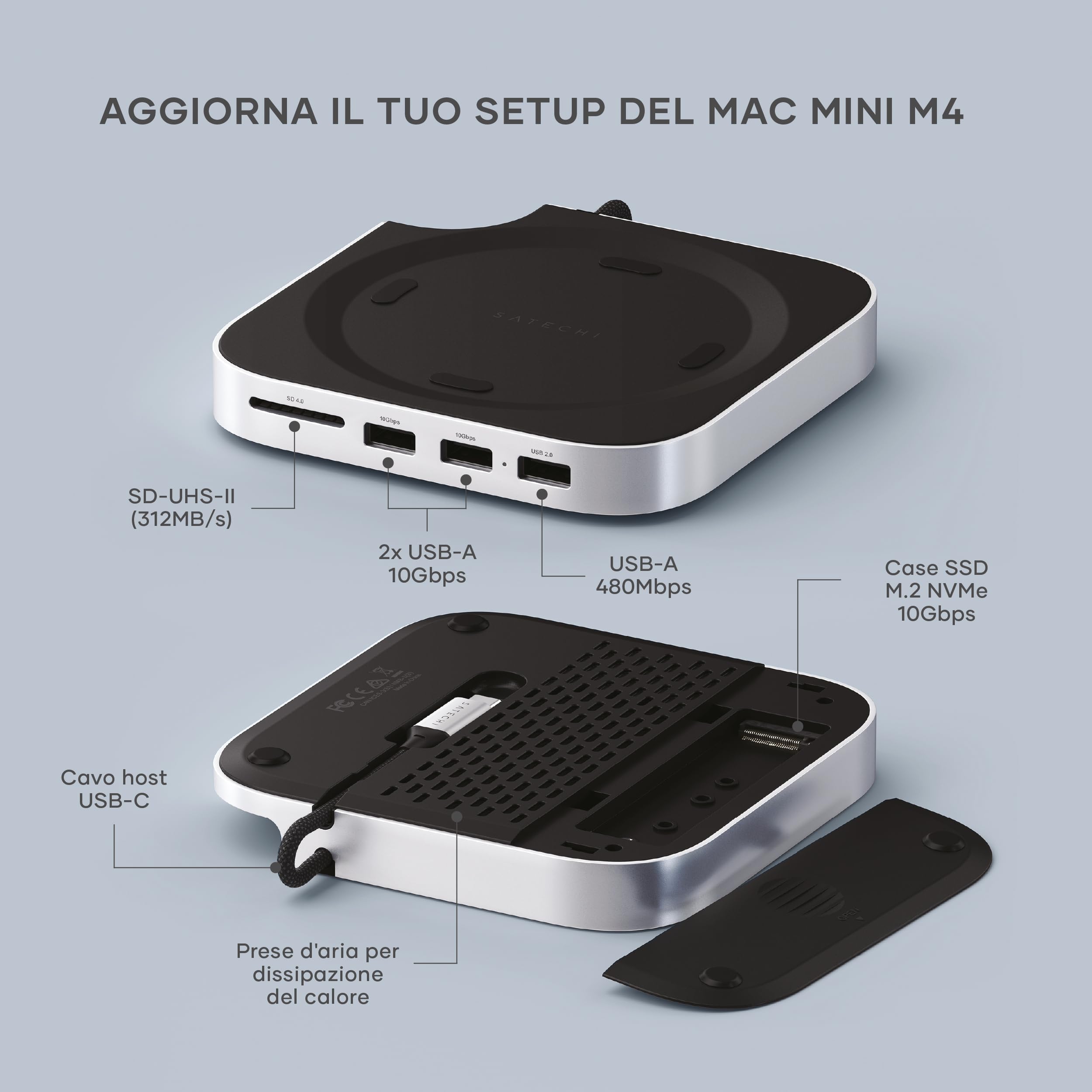 SATECHI Mac Mini M4 Hub & Supporto con SSD NVMe 10Gbps | Per Mac Mini M4 e M4 Pro, ventilazione ottimizzata, 2x USB-A 10Gbps, 1x a 480Mbps, lettore SD, cavo host USB-C integrato