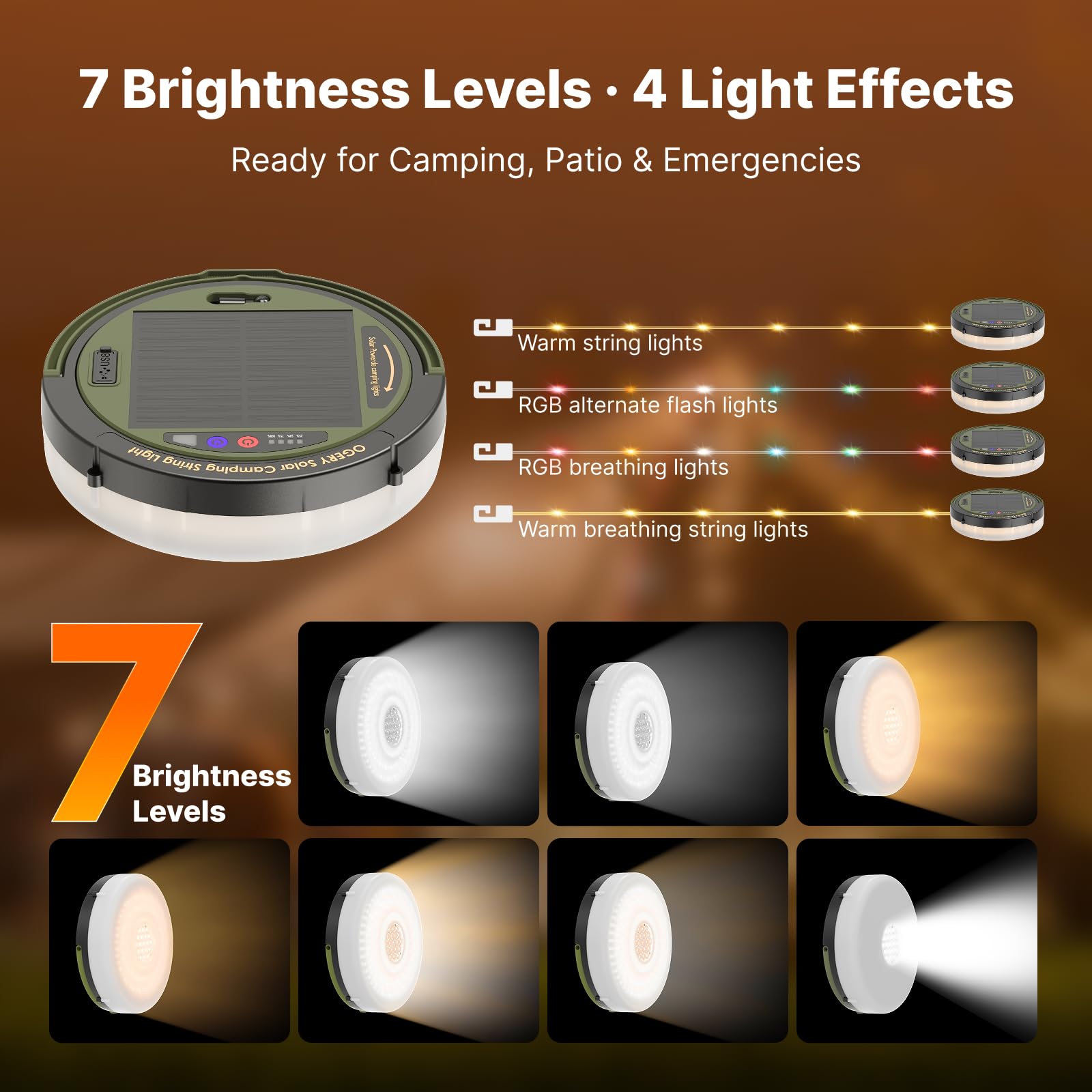 OGERY Solar-Camping-Lichterkette, 5400 mAh, 11 Modi, wiederaufladbar, Camping-Lichter, Outdoor/Indoor, 4-in-1, schnelle Lagerung, Lichterkette, tragbare LED-Lampe für Terrasse, Hof, Party, Dekoration