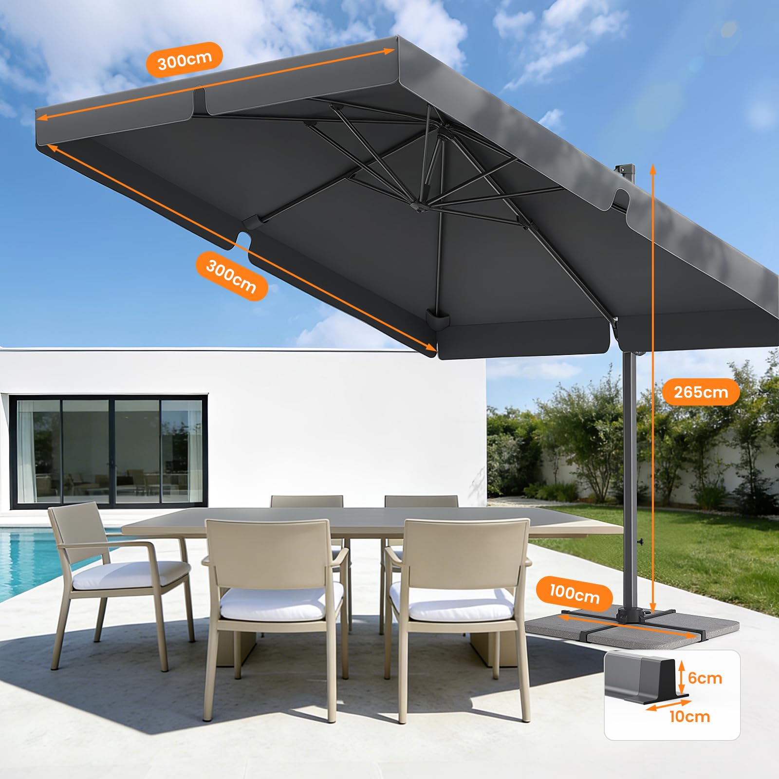 YEAUPE PRO Ombrellone girevole 300 x 300 cm, protezione solare UV50+ per giardino e terrazza