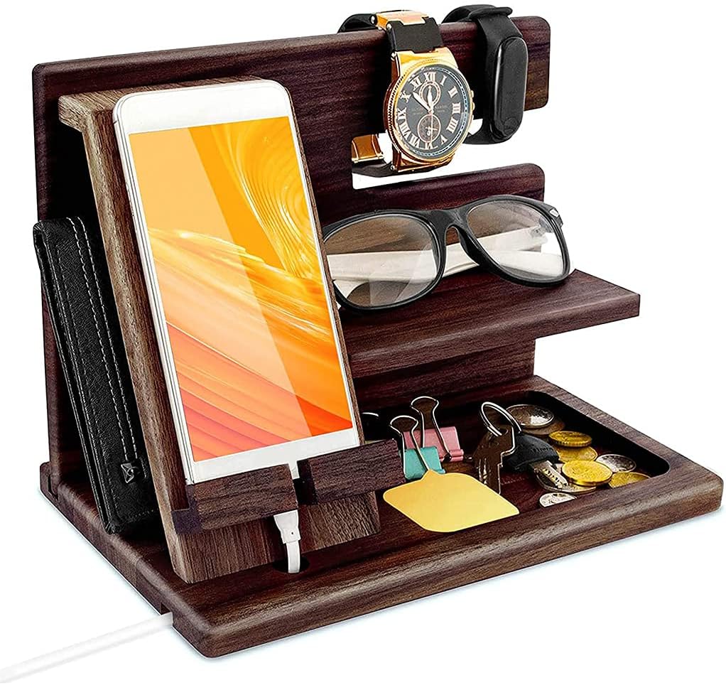 Bedside Organizer - Wooden Phone Holder Docking Station Wallet Stand Watches Purse Glasses Key Storage Box Desk Display Organizer Bedside Nightstand Mens Gift for Home Office