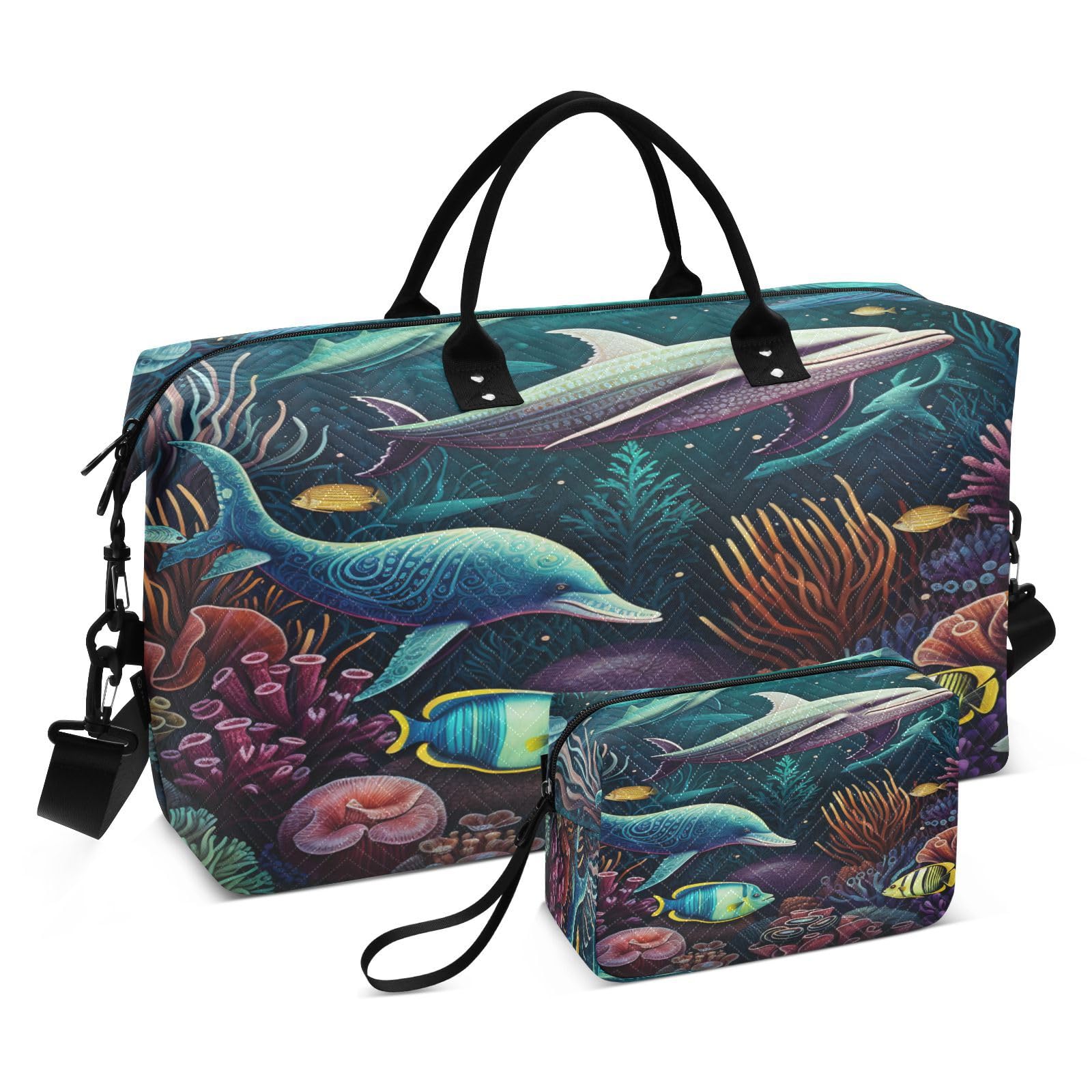 Watercolor Sea Shark Sports Swim Gym Bag Weekender Duffel Travel Bags Handbag with Makeup Storage Bag for Girls Men