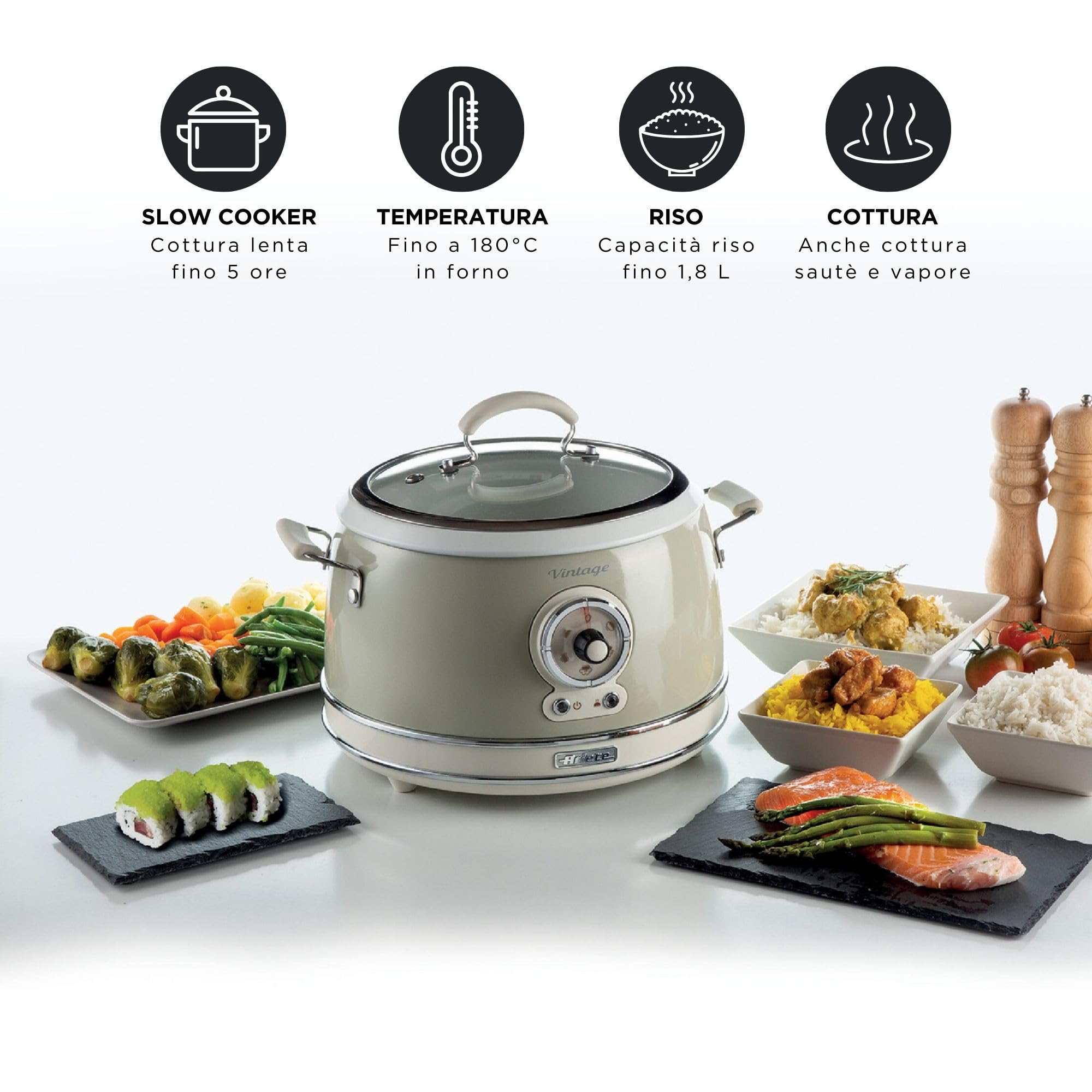 Ariete 2904 Rice Cooker - Elektryczny przyrząd do gotowania ryżu z miską ceramiczną - Domowe sushi - Multicooker - Linia Vintage - 3,5 l - 650 W - Beżowy