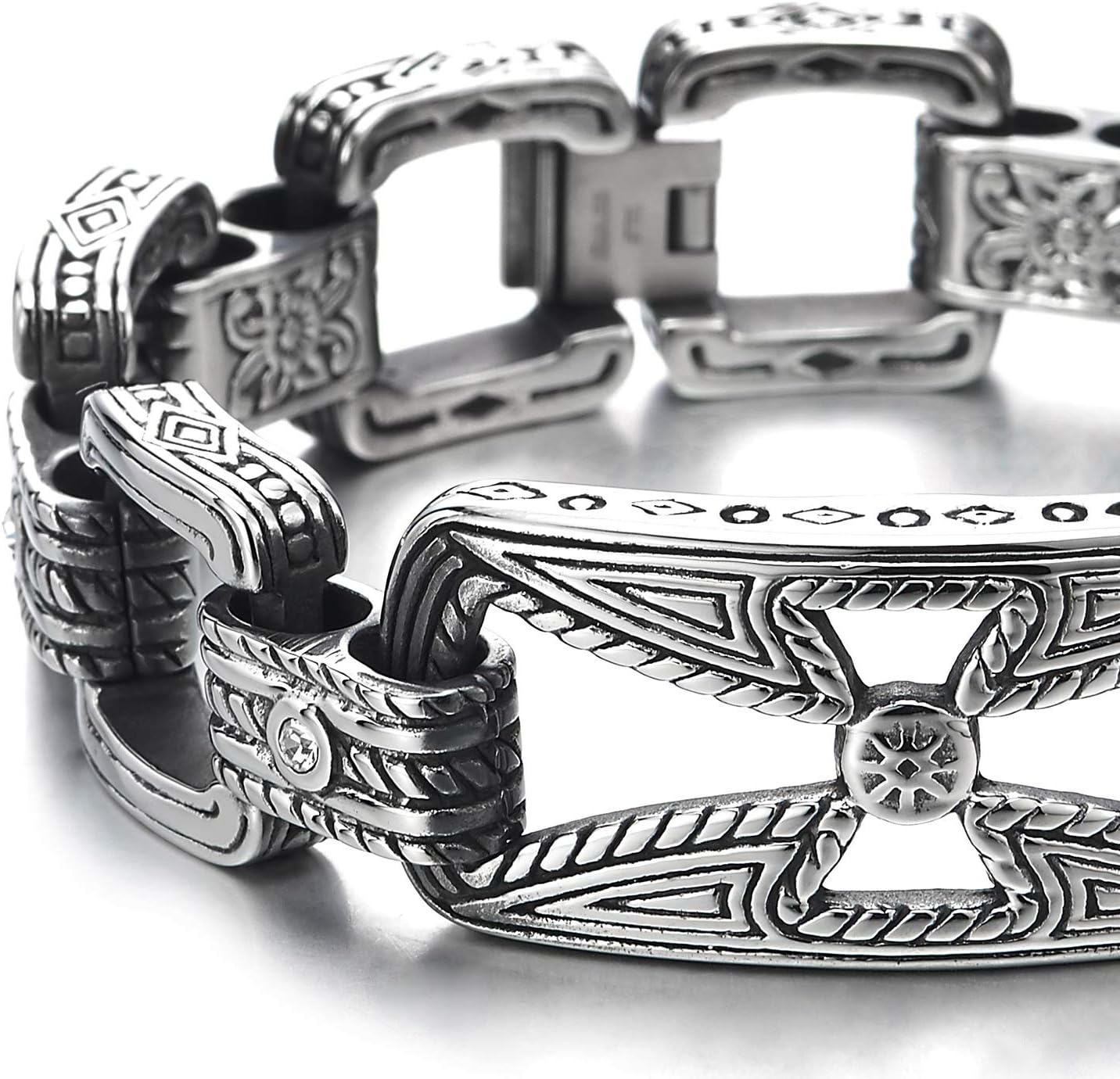 COOLSTEELANDBEYOND Mens Large Steel Tattoo Cross ID Identity Link Chain Bangle Bracelet with Cubic Zirconia Retro Style