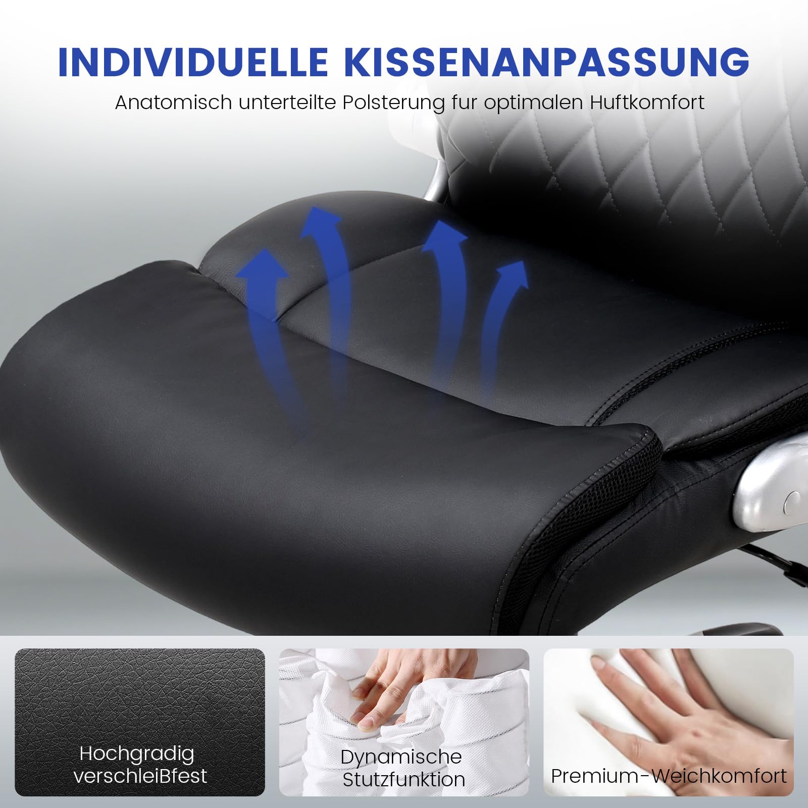 COMHOMA Bürostuhl Ergonomisch, Schreibtischstuhl mit klappbaren Armlehnenmit und Hoher Rückenlehne, Wippfunktion, Chefsessel Höhenverstellbarer，Kratzfeste Leder (Schwarz)