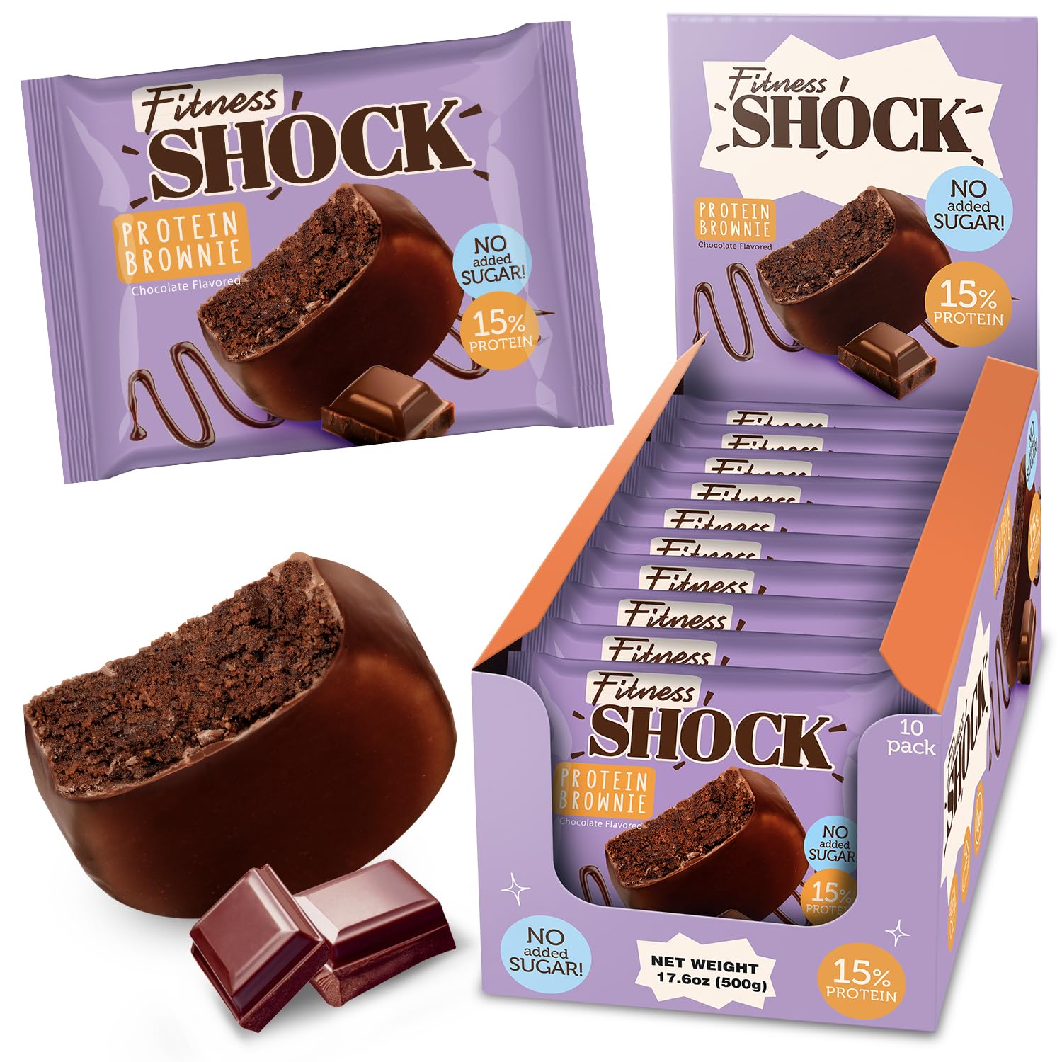 Fitnesshock Chocolate Brownie without Added Sugar, 15% Protein, satiating dietary fibre, Soft Texture, 10 Pieces, 50g