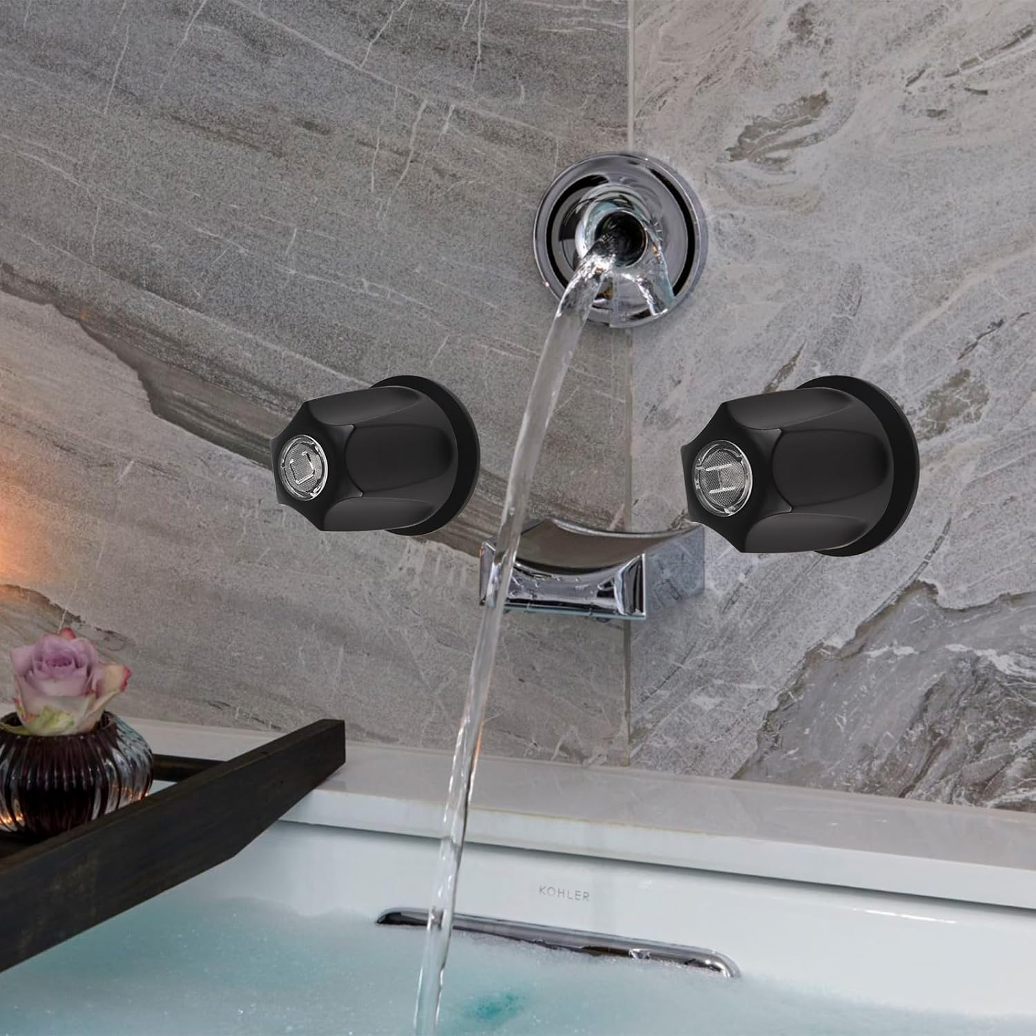 Shower Knobs Replacement Kit, 2Pcs Hot and Cold Faucet Handle with Brass Valve Stems and Flange Base Compatible with Price Pfister Verve Tub Shower Faucet Handle Remodel Trim Kit (Matte Black)