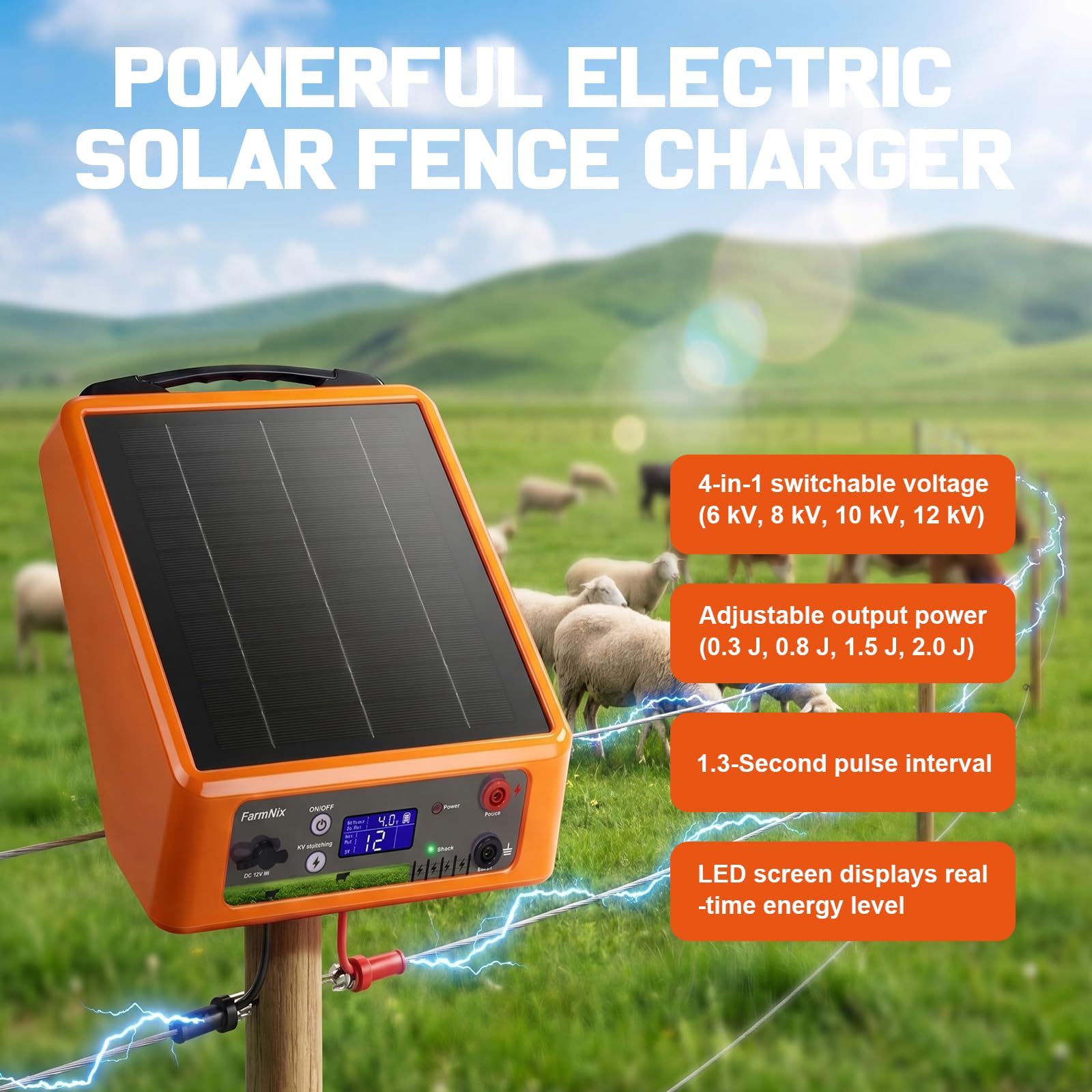 Elettrificatore Recinto Elettrico Solare 32KM, Uscita 6-12KV