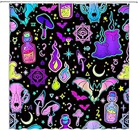 Vista 9 de GCTNBJL Cortina de ducha de Halloween, espeluznante alquimia bruja, tablero de ouija, murciélago, cráneo, hongo gótico, luna, estrella, bohemio
