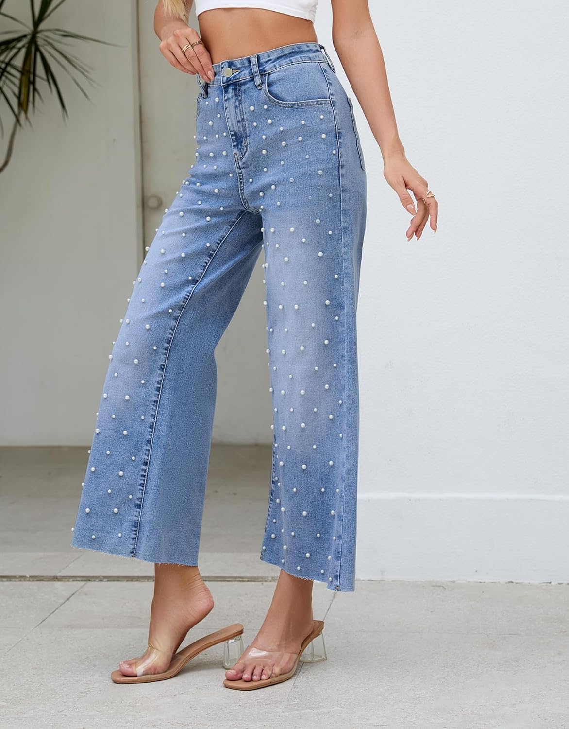 Kedera Womens Wide Leg Pearl Jeans High Waisted Cropped Denim Pants Casual Embellished Jeans with Raw Hem - Image 4