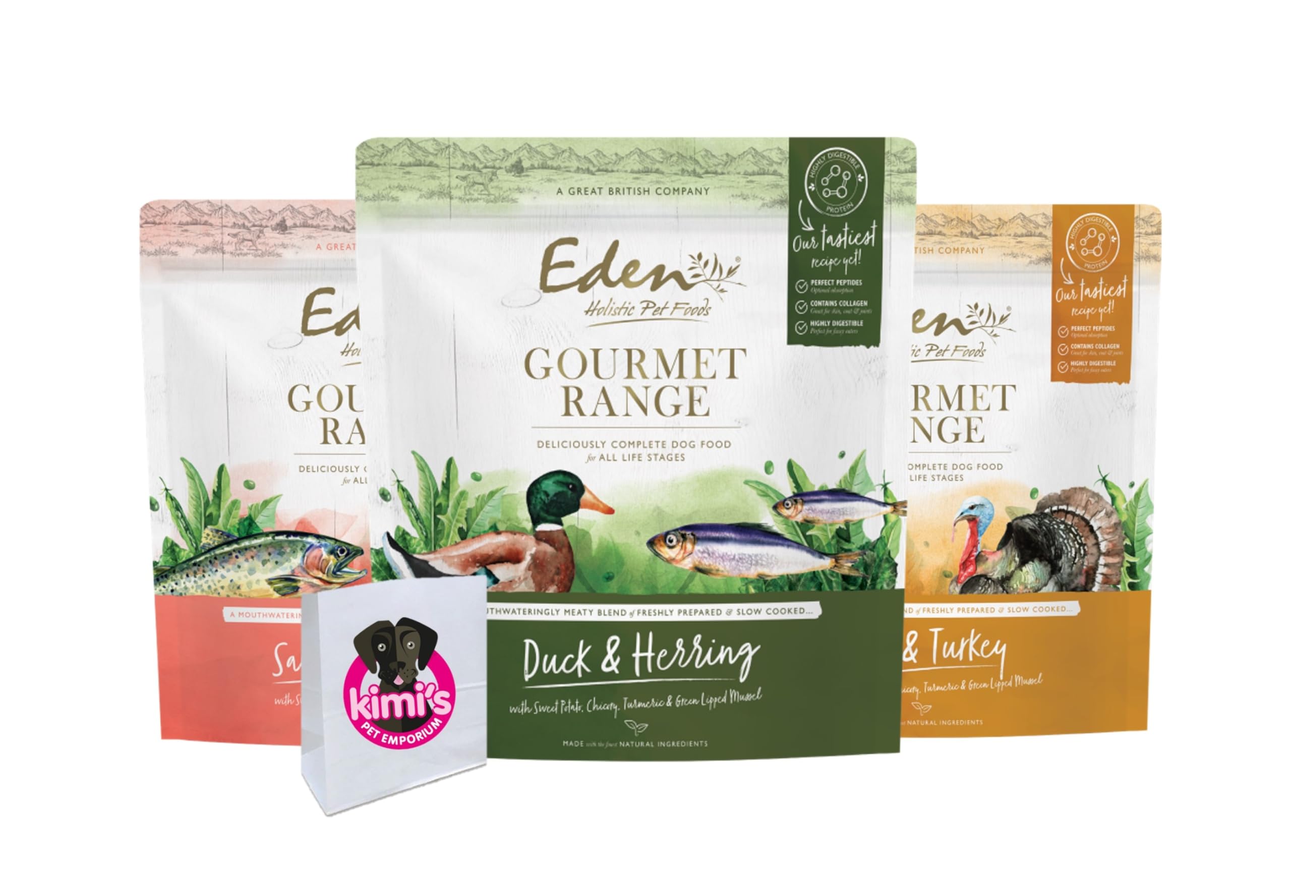 Eden Gourmet Range Duck & Herring 1 x 2 kg, Goose & Turkey 1 x 2 kg, Salmon & Pheasant 1 x 2 kg Dog Food Bundle with Kimi's treat bag.