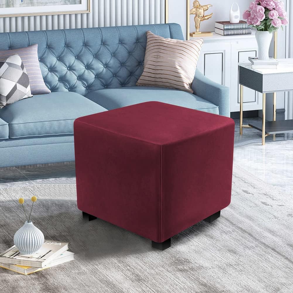 Ottoman Covers Slipcover Square Ottoman Covers Protector for Footrest Foot Stool Furniture Stretch Comfortable Velvet with Elastic Bottom(Size S/Length&Width:13-18"/Height:15-18",Wine Red)
