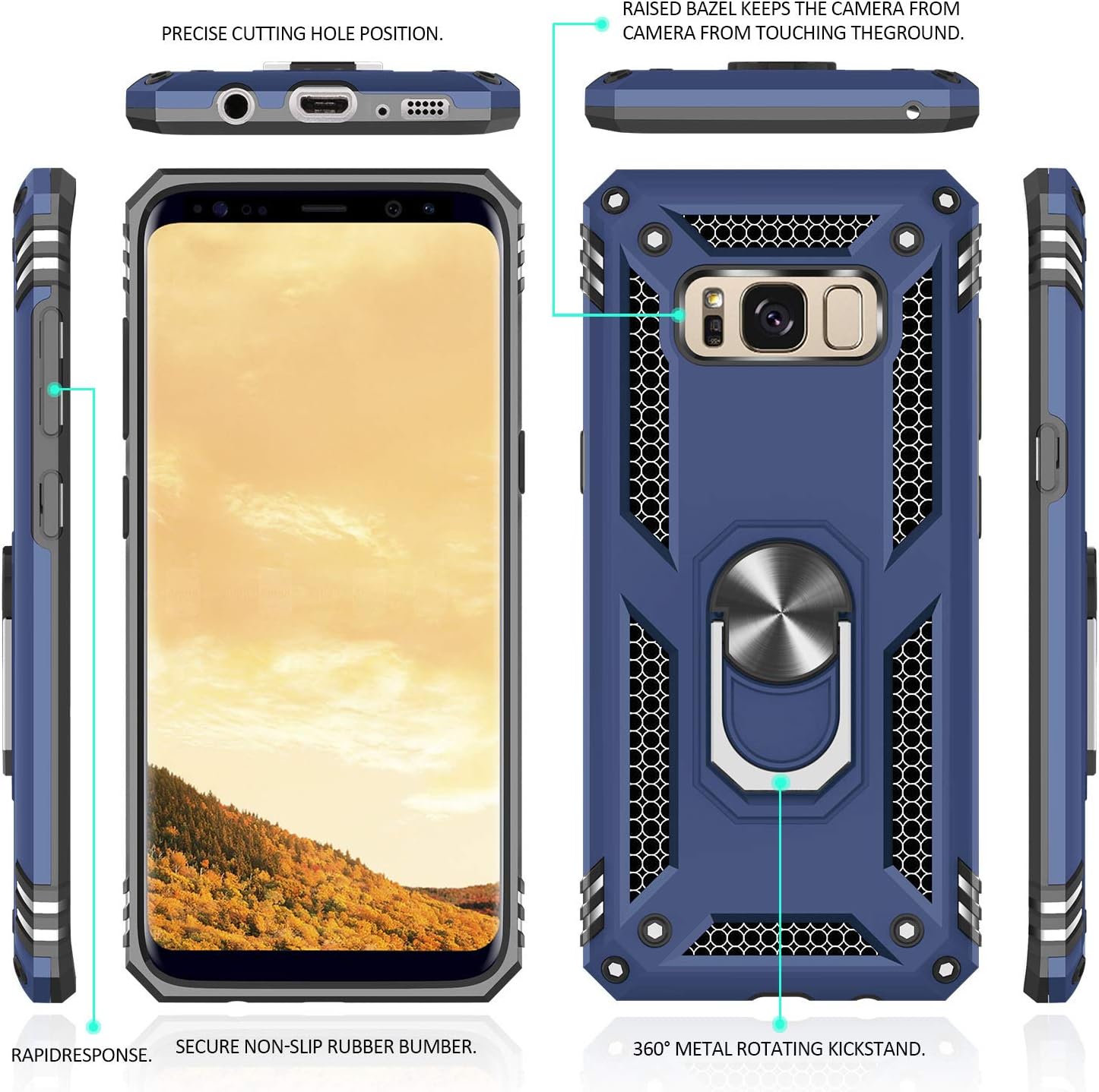 Compatible for Samsung Galaxy S8+ Case with HD Screen Protector, Gritup Military-Grade Shockproof Protective Phone Case with Magnetic Kickstand Ring for Samsung Galaxy S8 Plus Blue