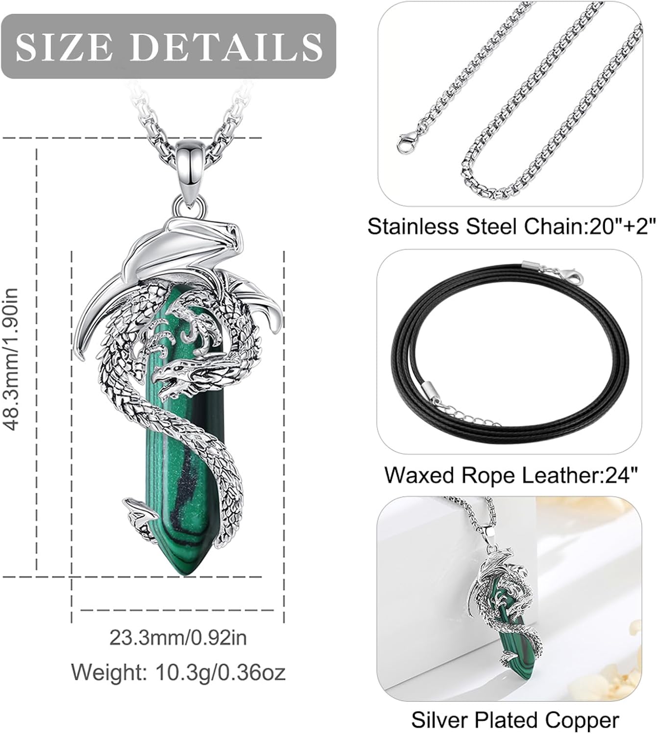 EUDORA Vintage Dragon Necklace with Healing Crystal for Women Men, Silver Plated Copper Viking Dragon Pendant Amulet Energy Gothic Jewelry, Gift for Women Men Dad Mother Mom, Chain 20" +24" - Image 4