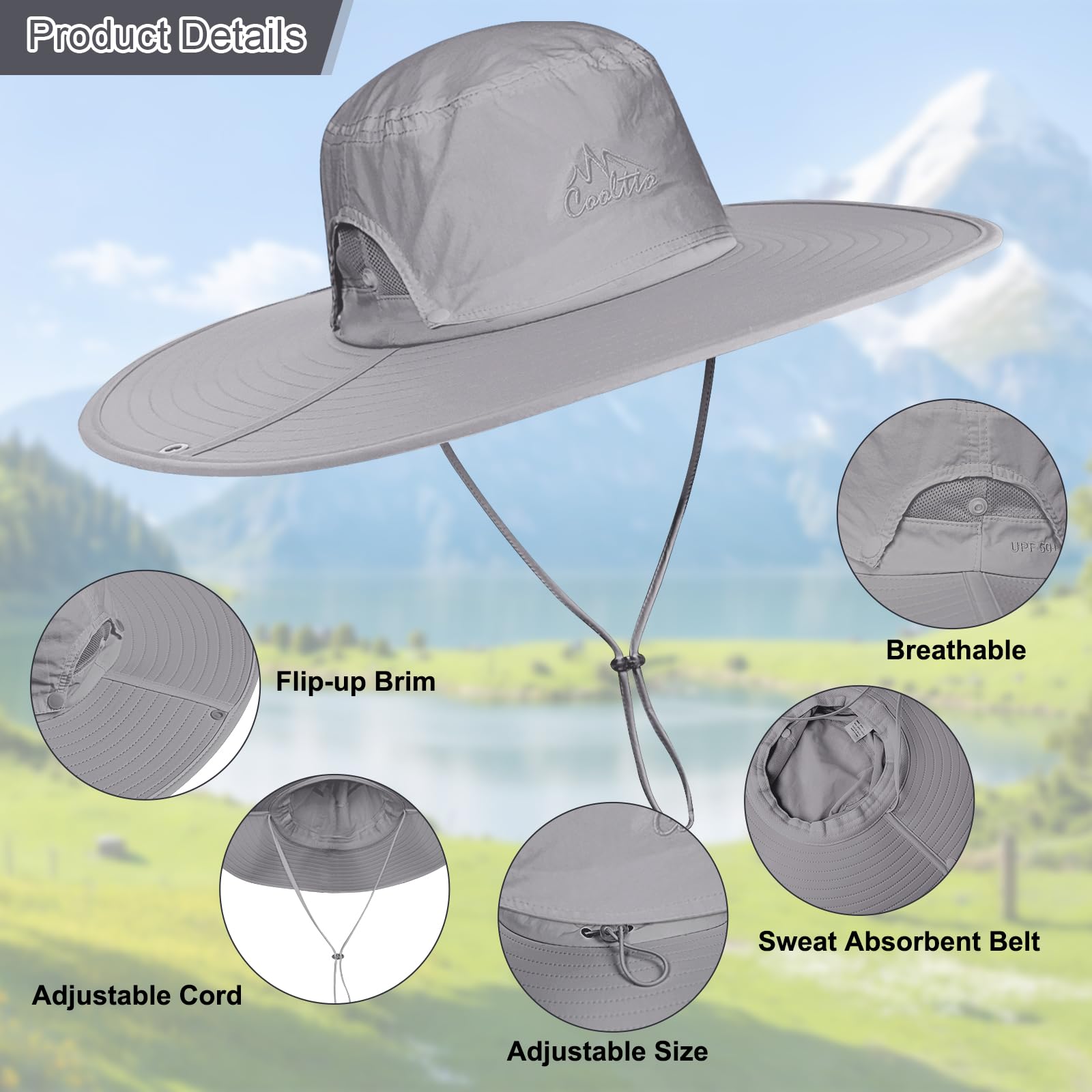 Lot de 2 chapeaux de soleil à large bord pour homme et femme, chapeau cloche UPF 50+, pliable, imperméable, respirant pour la pêche, la randonnée, le camping (gris clair), Lot de 2 gris clair, taille